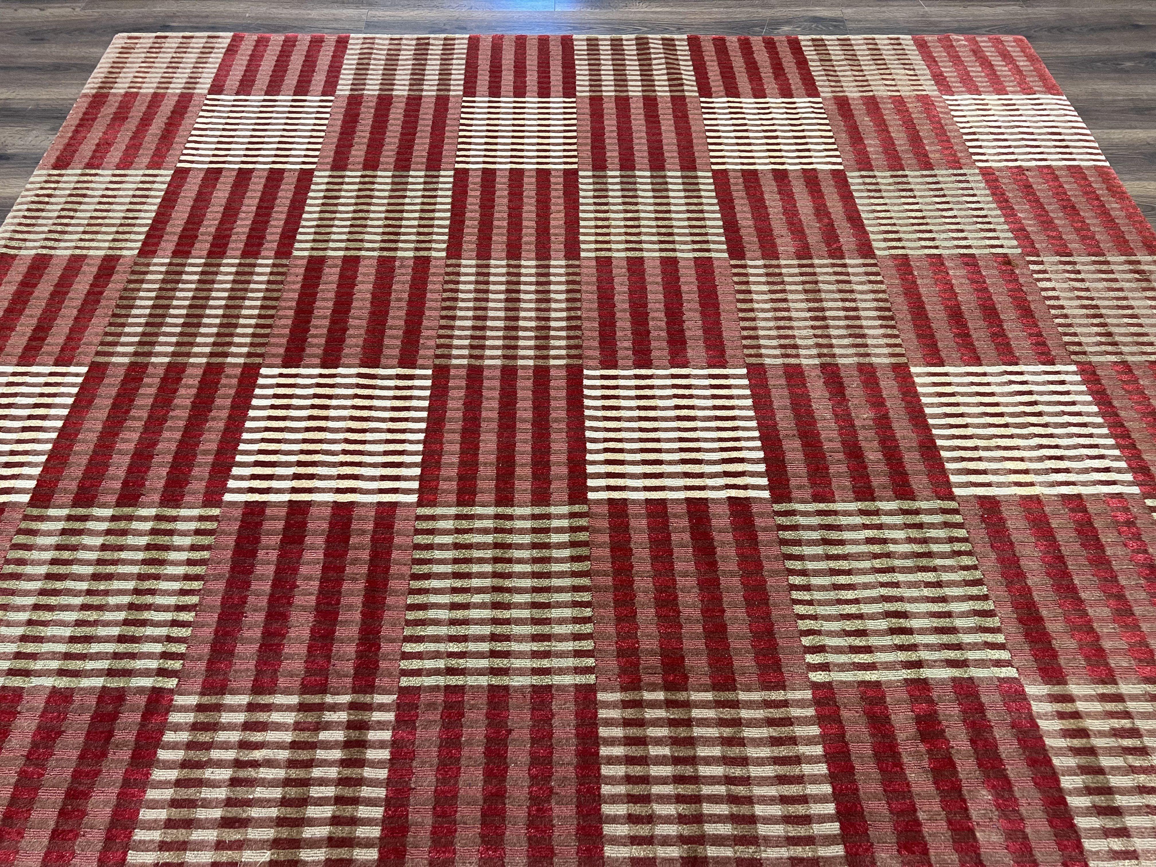 Modern Tibetan Rug 8x10, Hand Knotted Contemporary Nepali Carpet 8 x 10, Checkerboard Design, Red Cream Light Brown, Very Fine Wool & Silk - Jewel Rugs