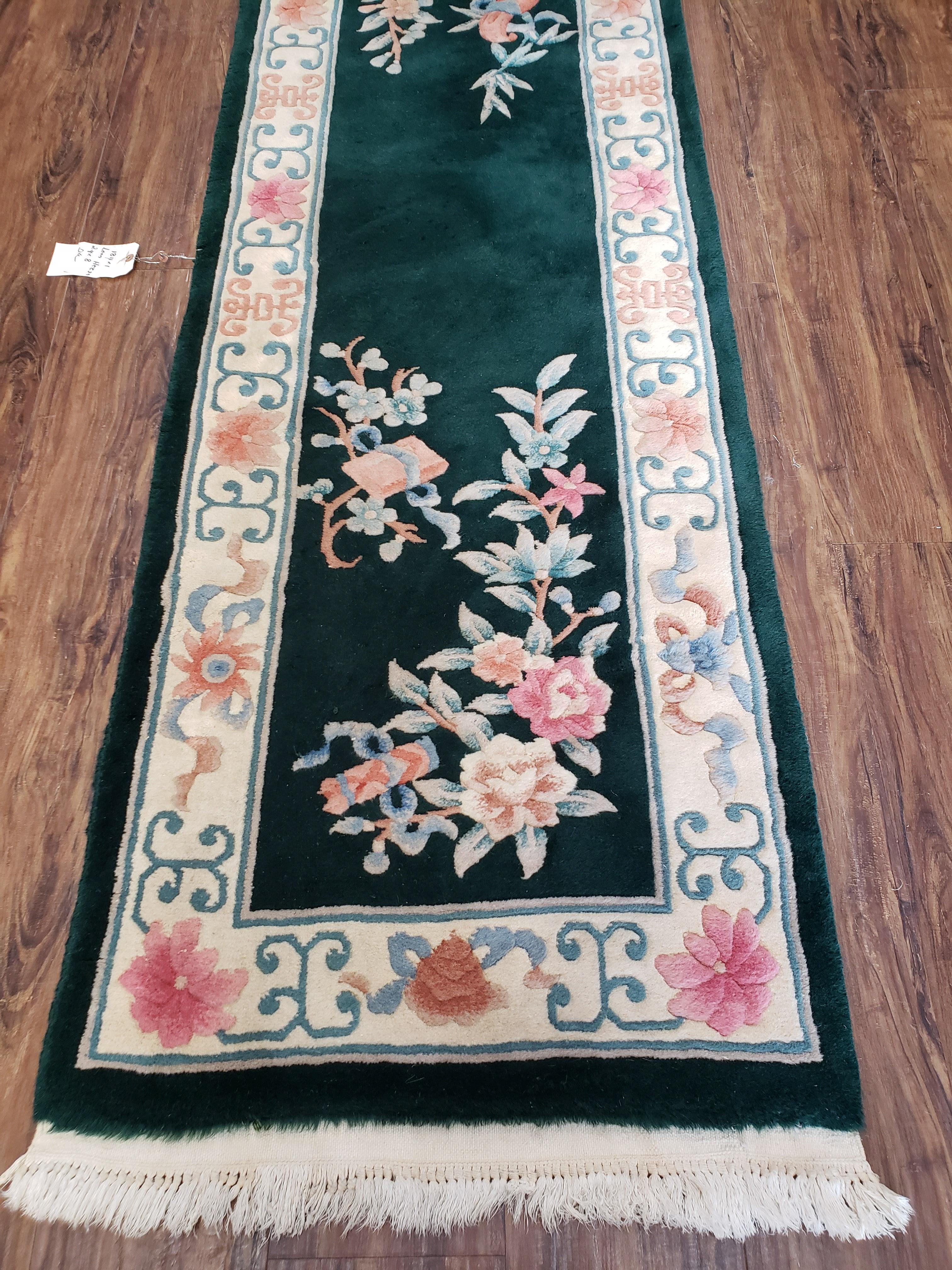 2' 4" X 8' Handmade Chinese Oriental Wool Runner Rug 90 Lines Forest Green - Jewel Rugs