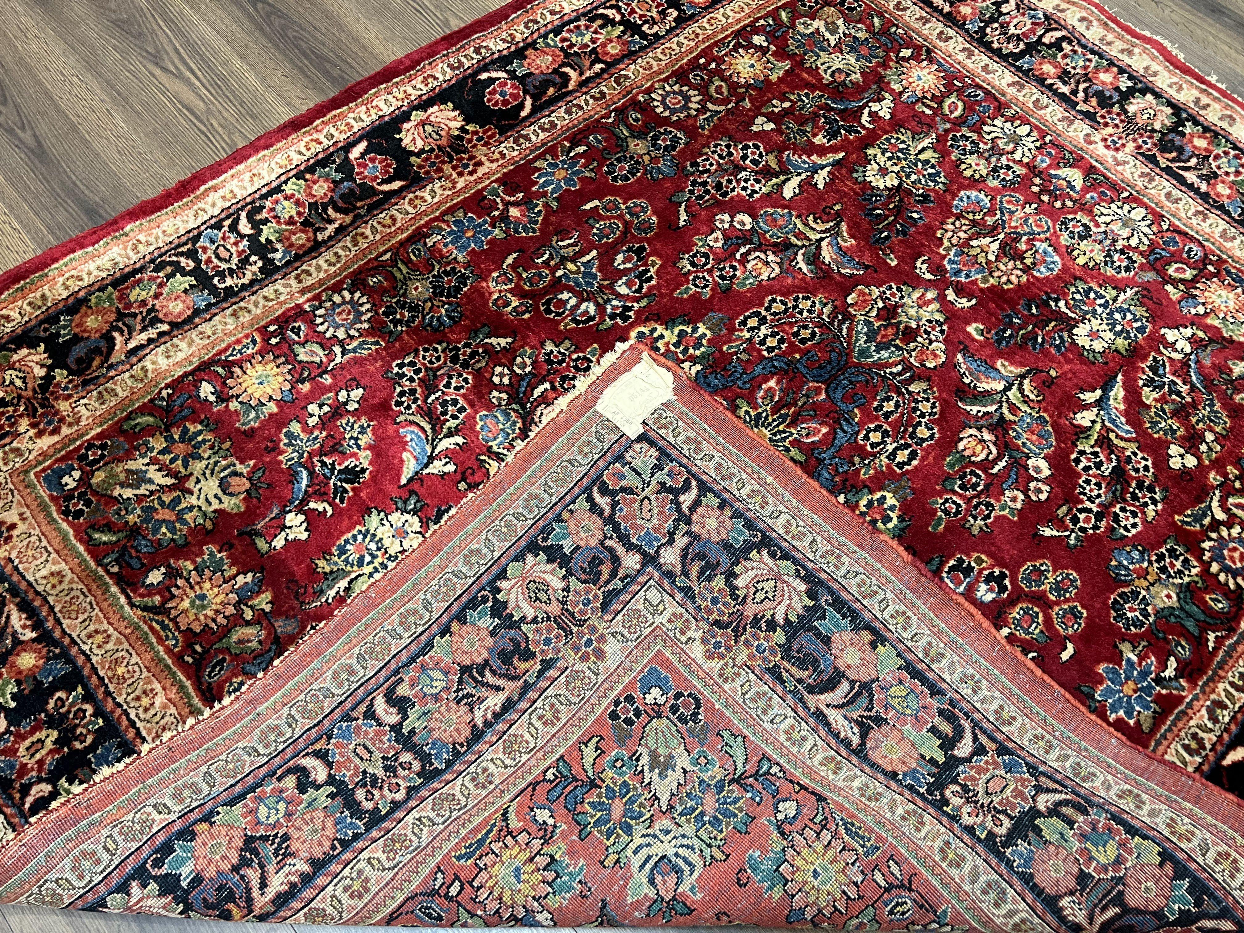 Rare Persian Almost Square Rug 6.3 x 5.3, Hand Knotted Wool Antique 1920s Sarouk Oriental Carpet, Red Navy Blue Beige, Floral Allover, 5x6 Area Rug - Jewel Rugs