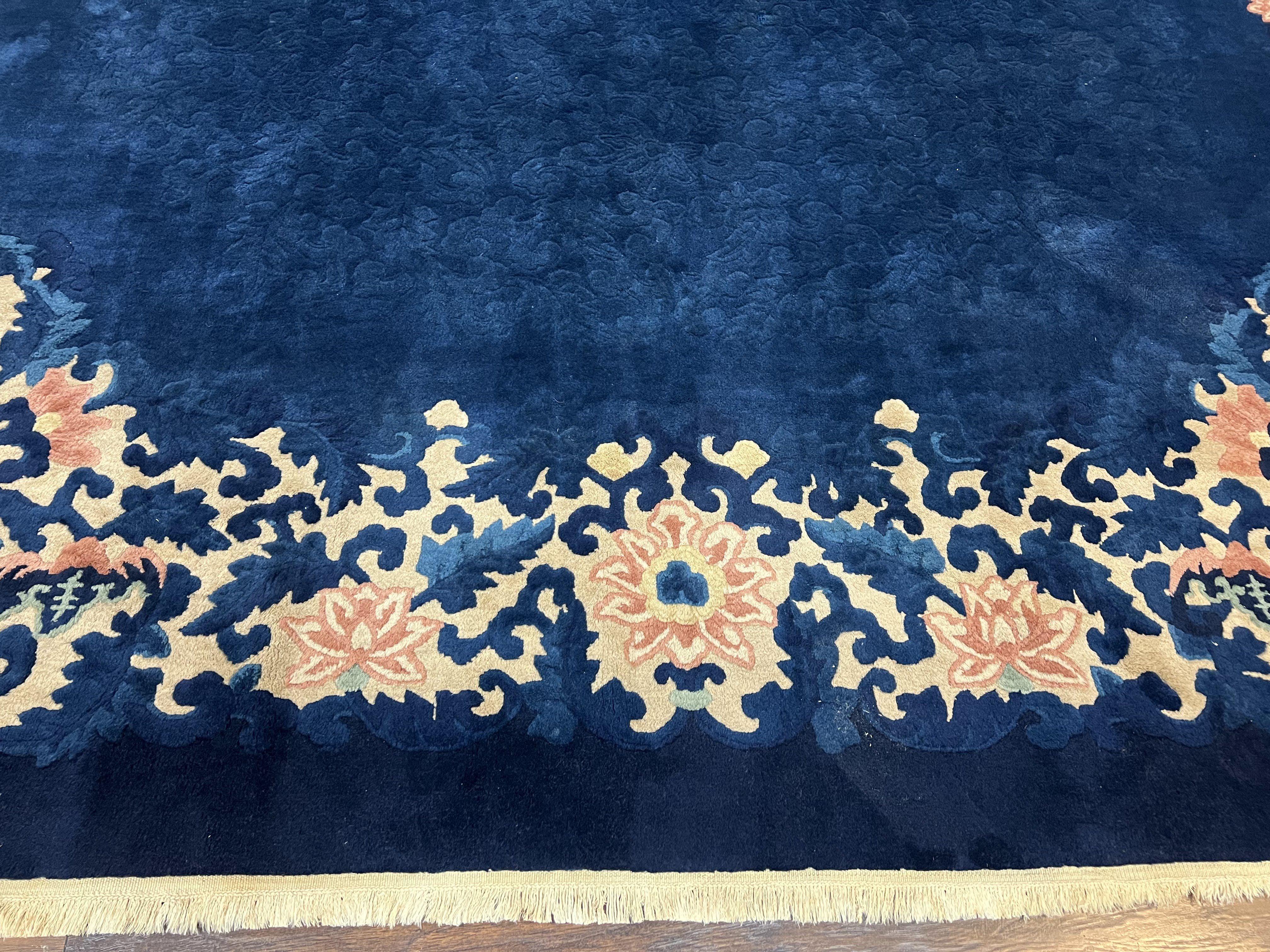 Chinese Art Deco Rug 9x12 Antique Rug 9 x 12 Nichol Rug, Peking Rug, Open Field Blue Chinese Carpet, Hand Knotted, Asian Oriental Rug Nice - Jewel Rugs