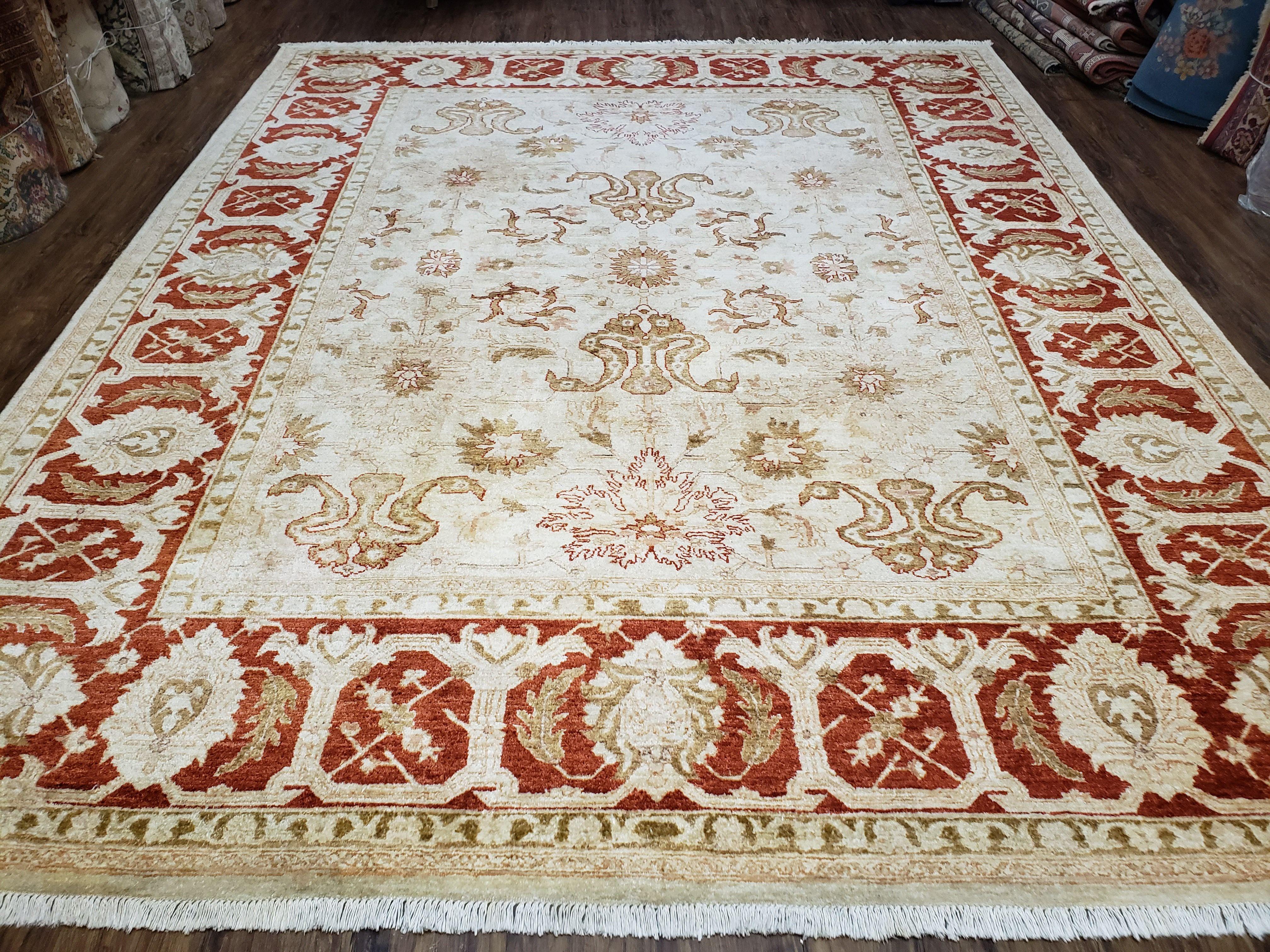 9' X 11' Handmade Beige and Red Floral Mahal Wool Rug - Jewel Rugs