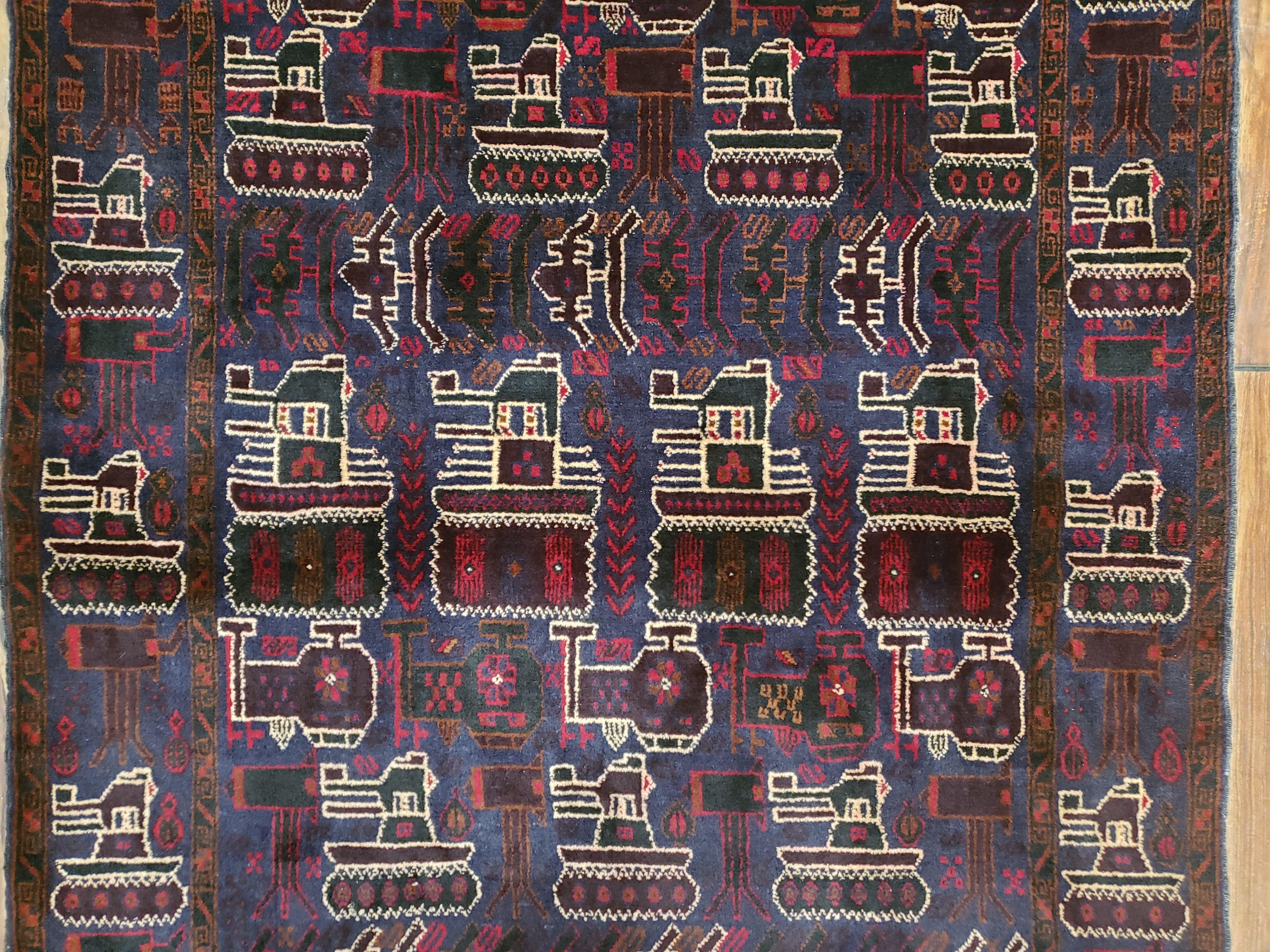 4x6 Handmade Balouch War Afghan Tribal Rug Organic Dyes Helicopter Tank Airplane - Jewel Rugs