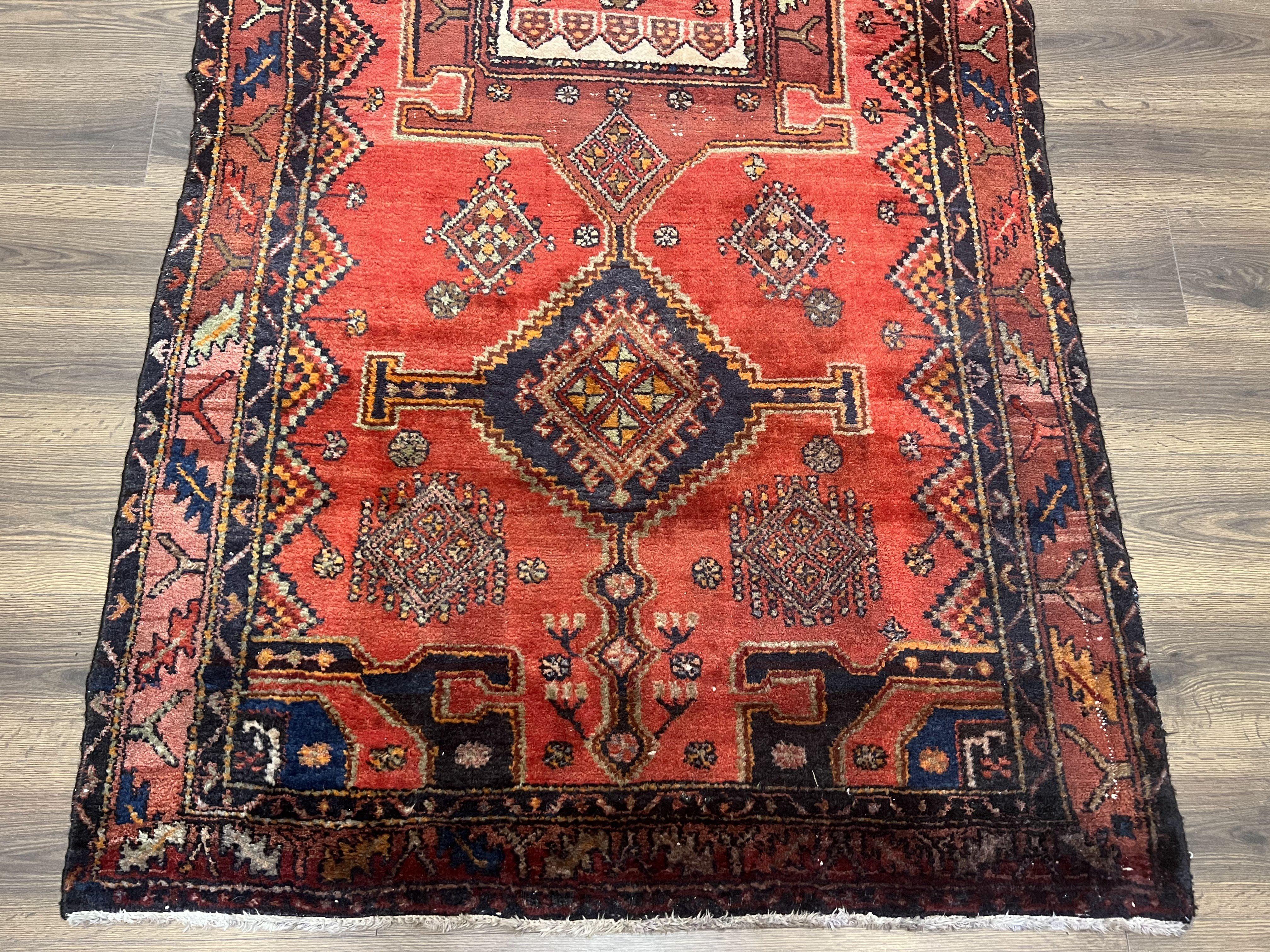 Persian Tribal Runner Rug 4.2 x 10.6, Wide Nahavand Hamadan Runner Rug, Bohemian Carpet, Red Kitchen Runner, Handmade Wool Antique Geometric Medallions - Jewel Rugs