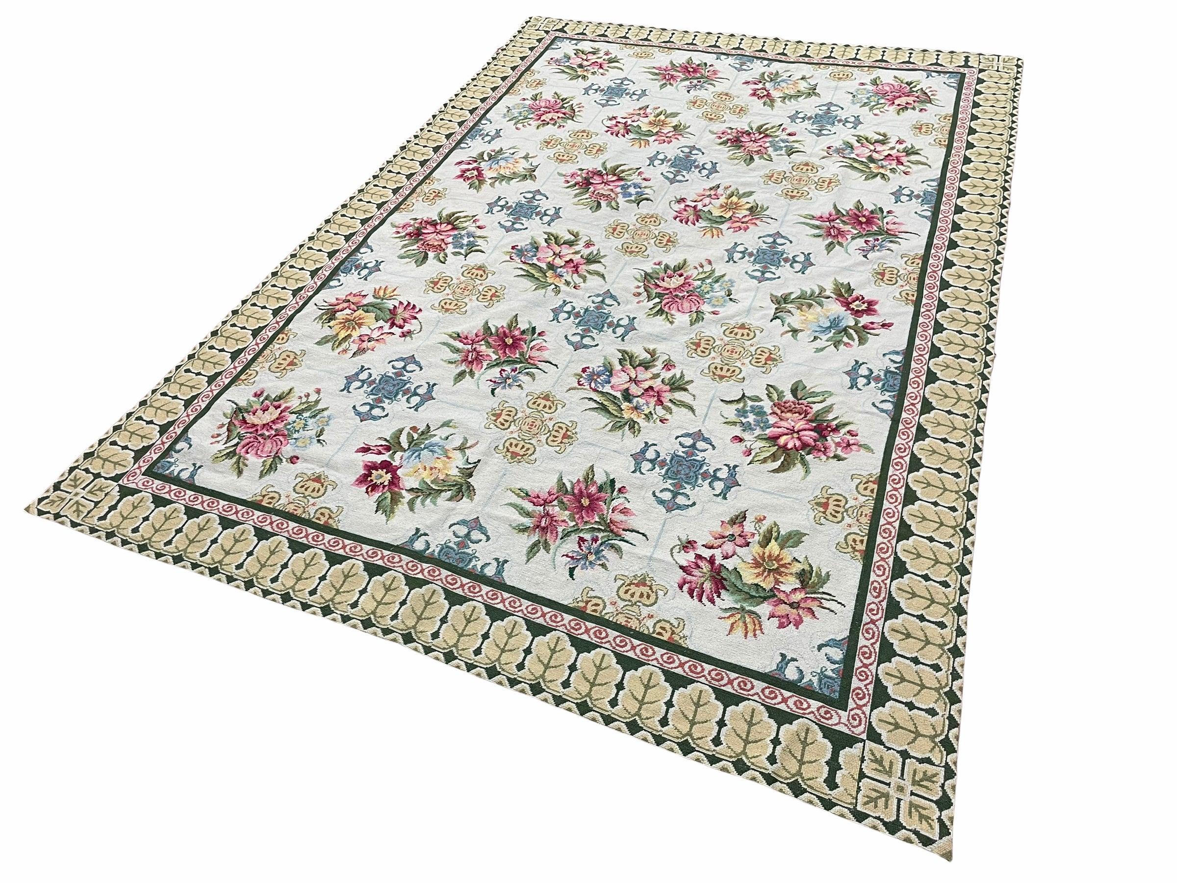 Hand-Knotted Needlepoint Carpet 6x9, Ivory/Cream Background, Colorful Flowers, Yellow Border, Aubusson Rug 6 x 9, New, Handmade - Jewel Rugs