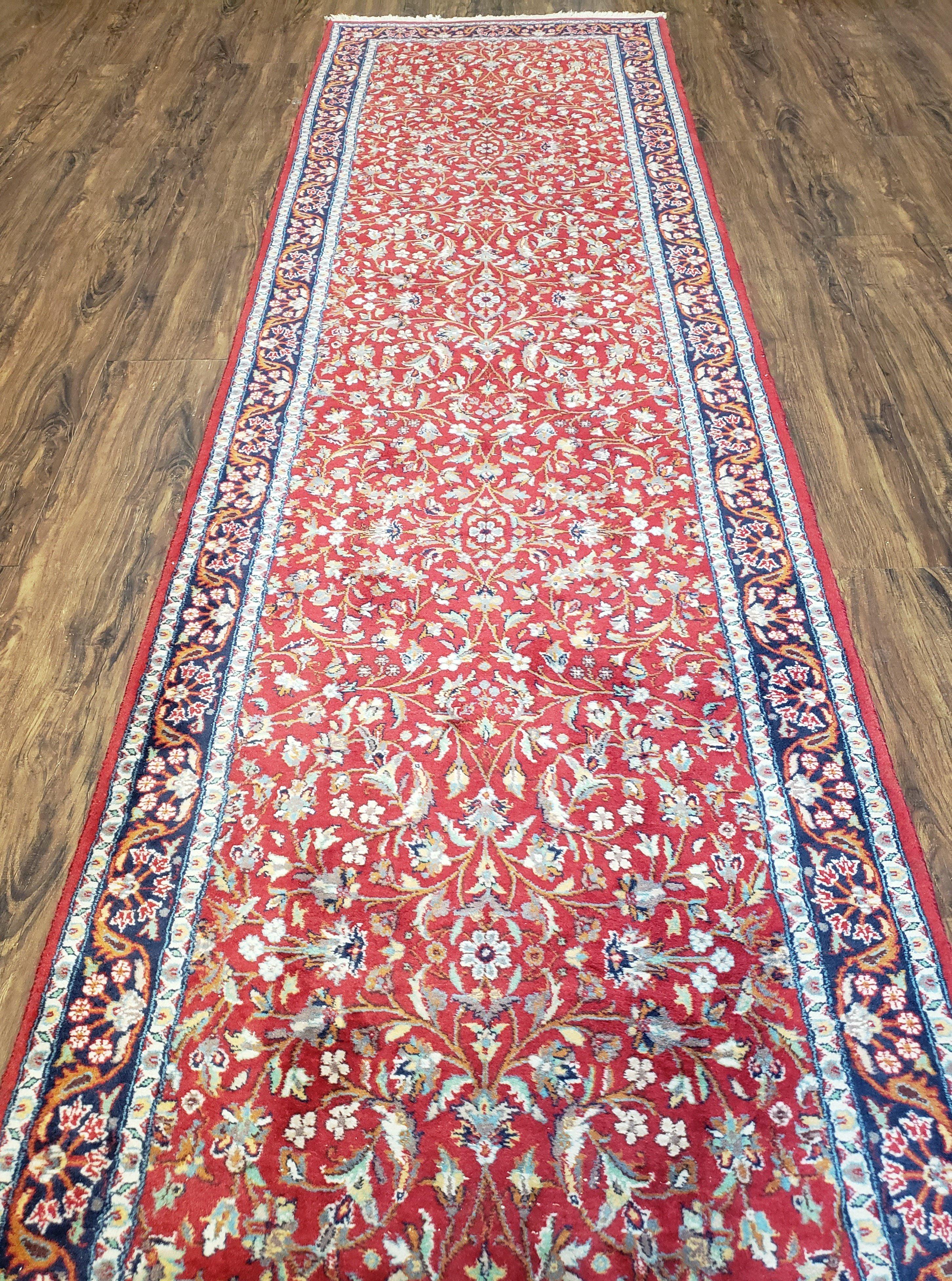 Antique Persian Sarouk Vintage Runner Rug, 2' 7" x 10' 3", Red with Dark Blue Floral Design - Jewel Rugs