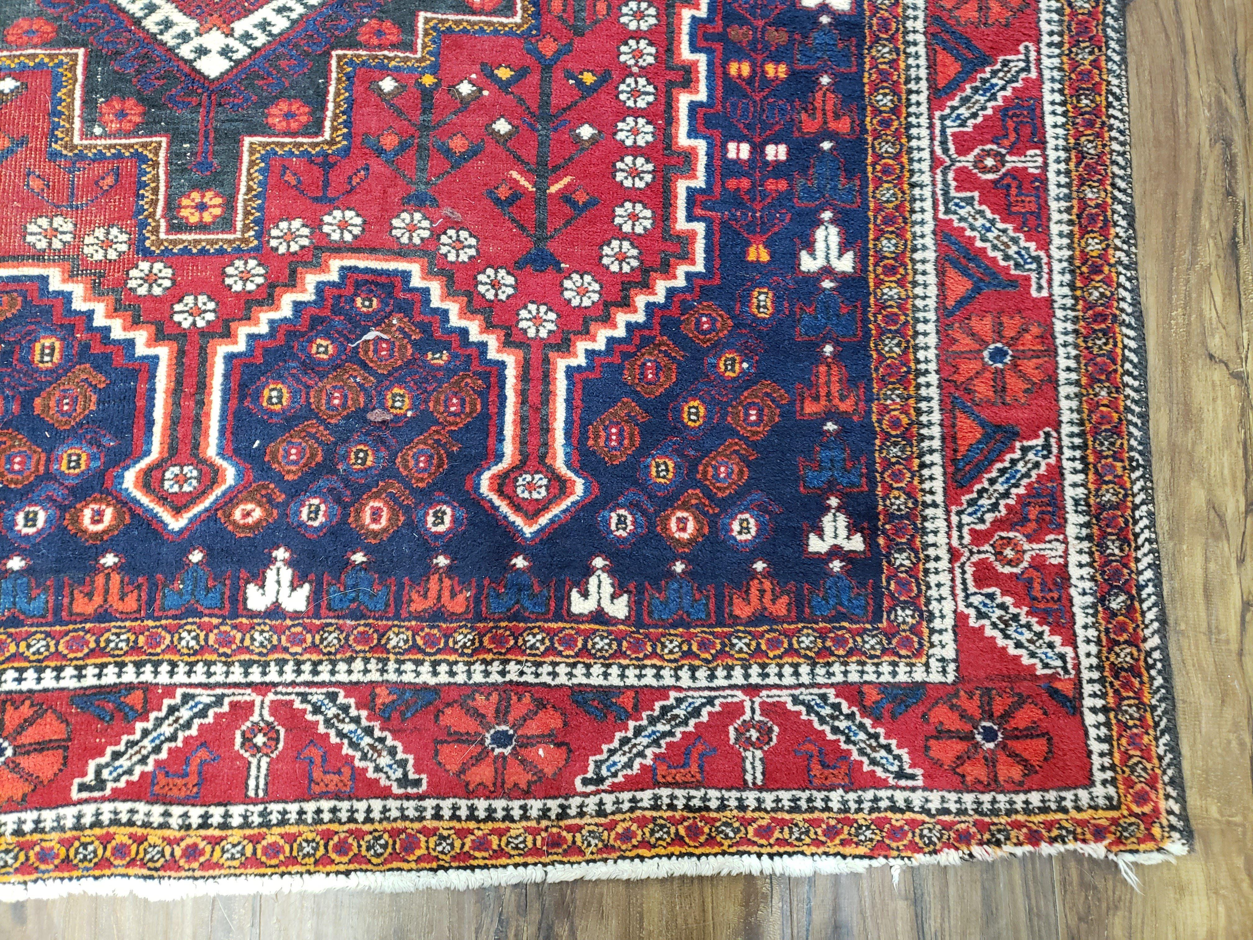 Antique Persian Shiraz Tribal Rug, Afshar Design, Double Medallion, Hand-Knotted, Red and Navy Blue, Wool, 5' 1" x 6' 8" - Jewel Rugs