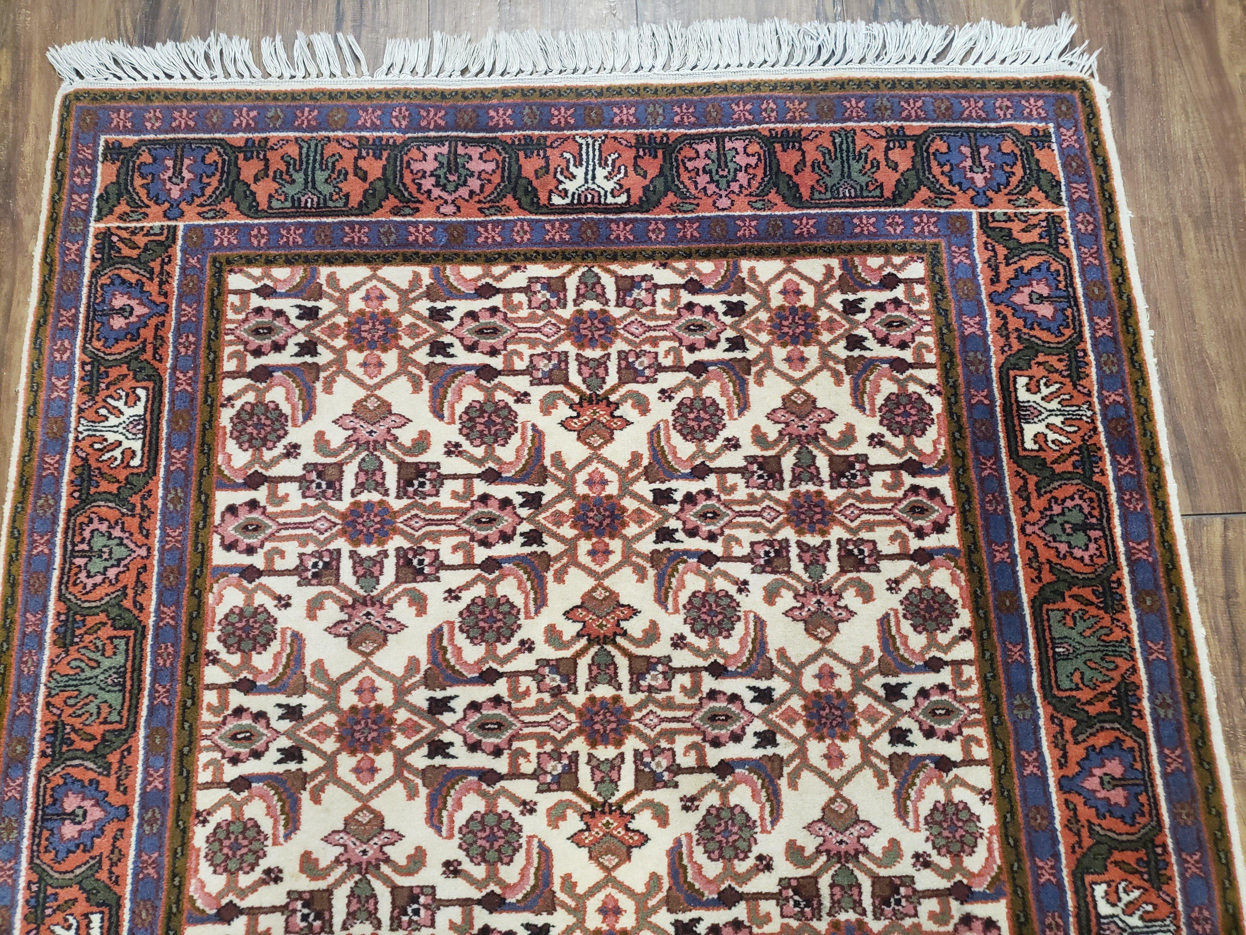 Vintage Geometric Indo Persian Bidjar Area Rug 3x5, Wool Hand-Knotted Ivory Traditional Indian Carpet, 3 x 5 Entryway Room Rug Floral Carpet - Jewel Rugs