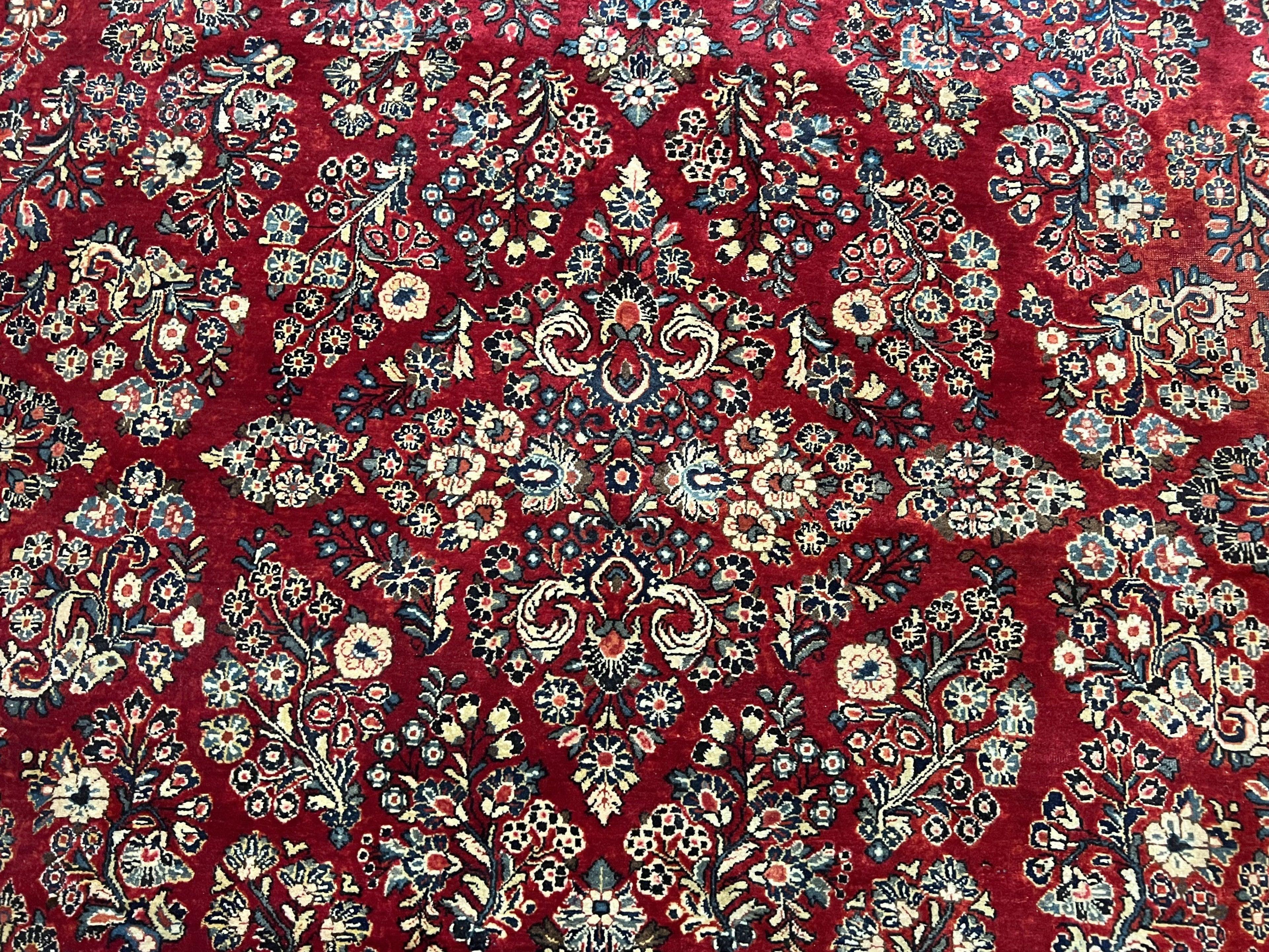 Wonderful Red Persian Sarouk Rug 9x12, 1920s Antique Persian Carpet, Floral Allover Hand Knotted Wool Oriental Rug, Room Sized Rug, Living Room Rug - Jewel Rugs