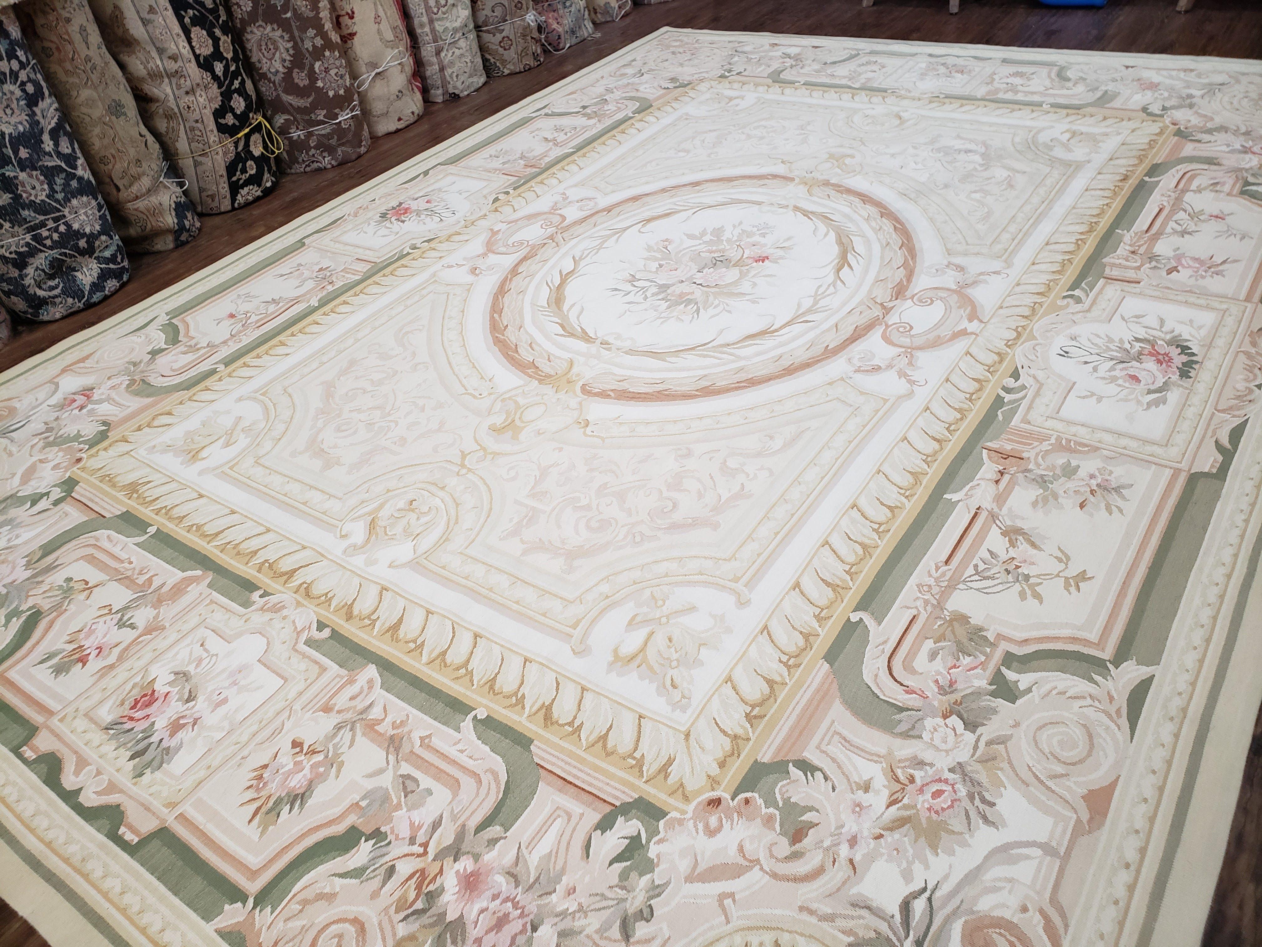 9x12 Vintage Aubusson Rug, Wool Needlepoint Rug 9 x 12, Chinese Aubusson Flat Weave Carpet, Living Room Rug, Ivory Beige Cream, High Quality - Jewel Rugs