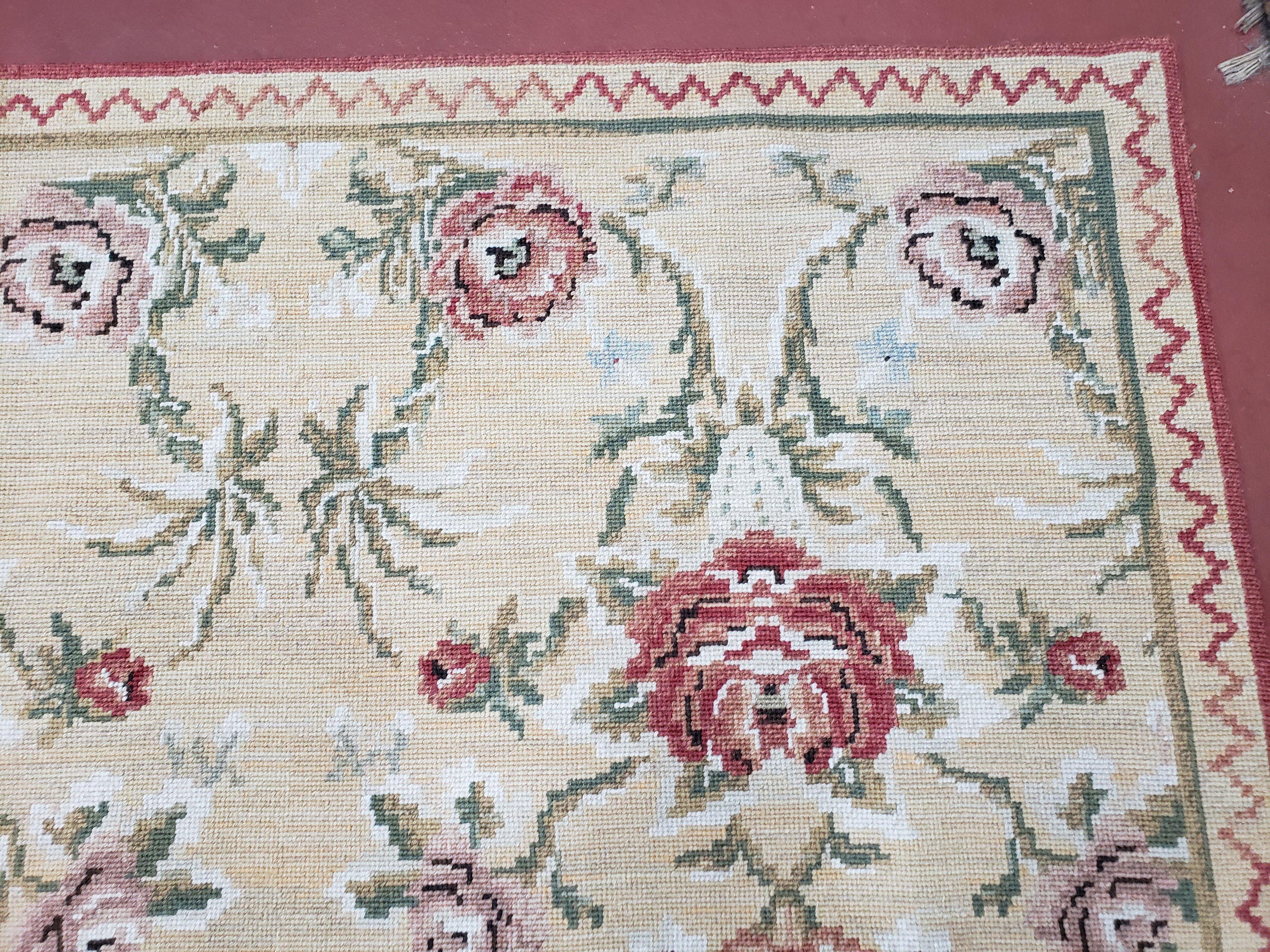 Needlepoint Rug 10x14 Wool Flatweave Carpet, English Floral Pattern, Pale Yellow, Roses, Allover Pattern, Handmade Large Needlepoint Nice - Jewel Rugs