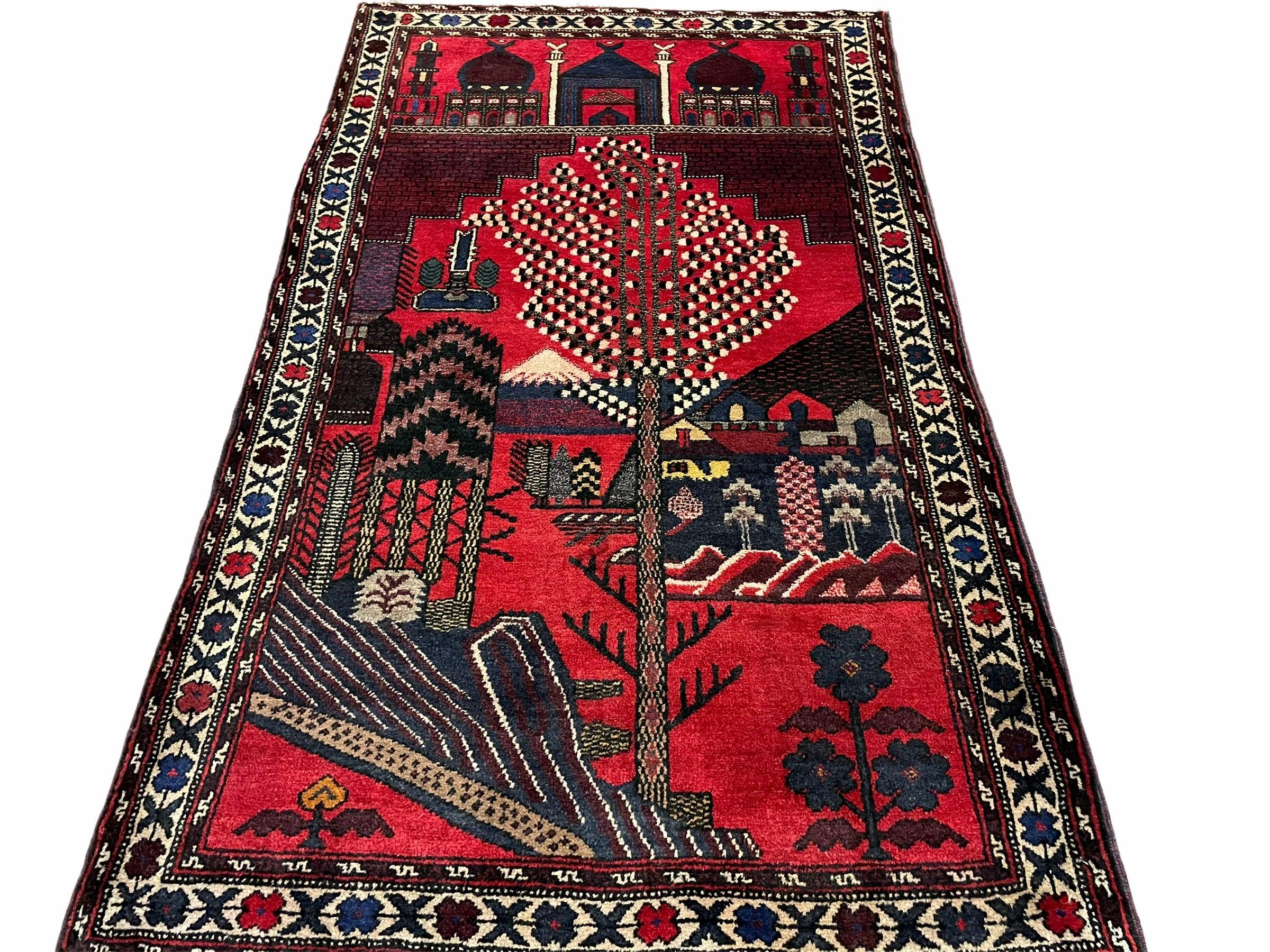 3x5 New Vintage Handmade Tribal Balouchi Rug Organic Dyes Red Buildings Nature - Jewel Rugs