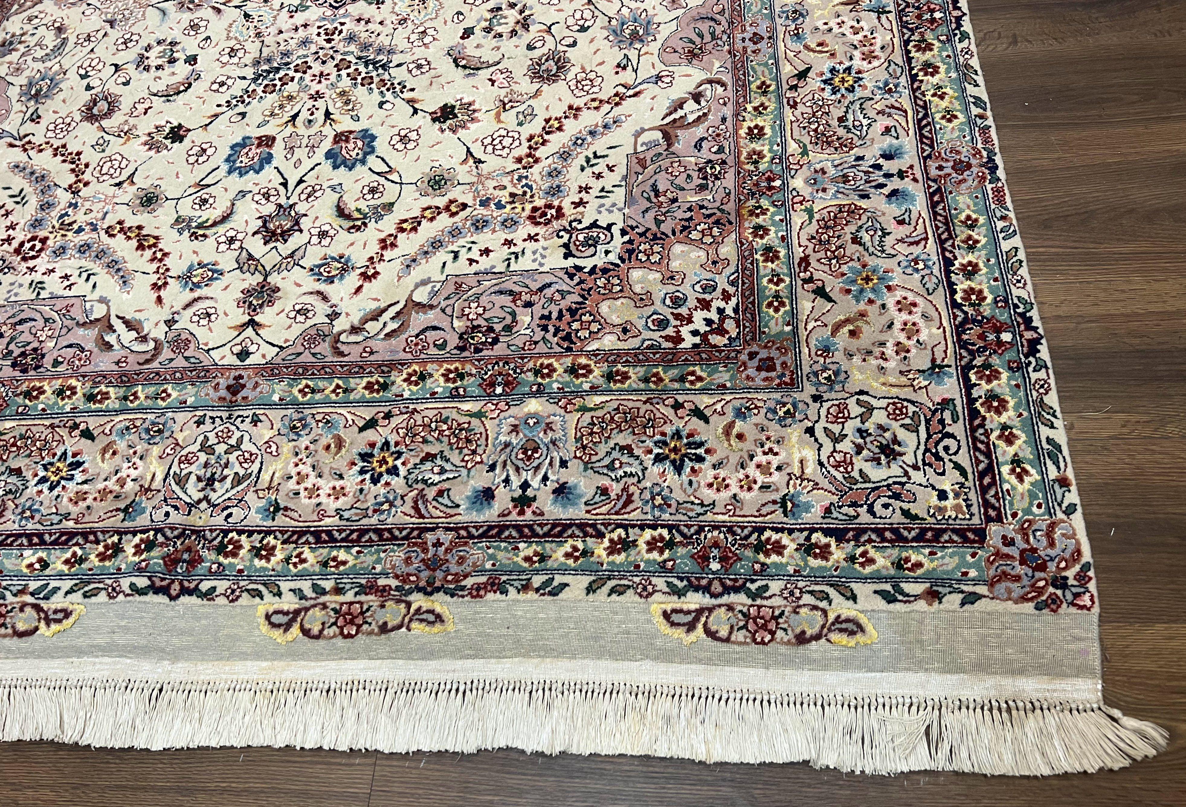 Beautiful Pak Persian Rug 6x9, Floral Medallion, Wool and Silk, Highly Detailed Elegant Carpet, Vintage Oriental Rug 6 x 9, Cream and Gray - Jewel Rugs