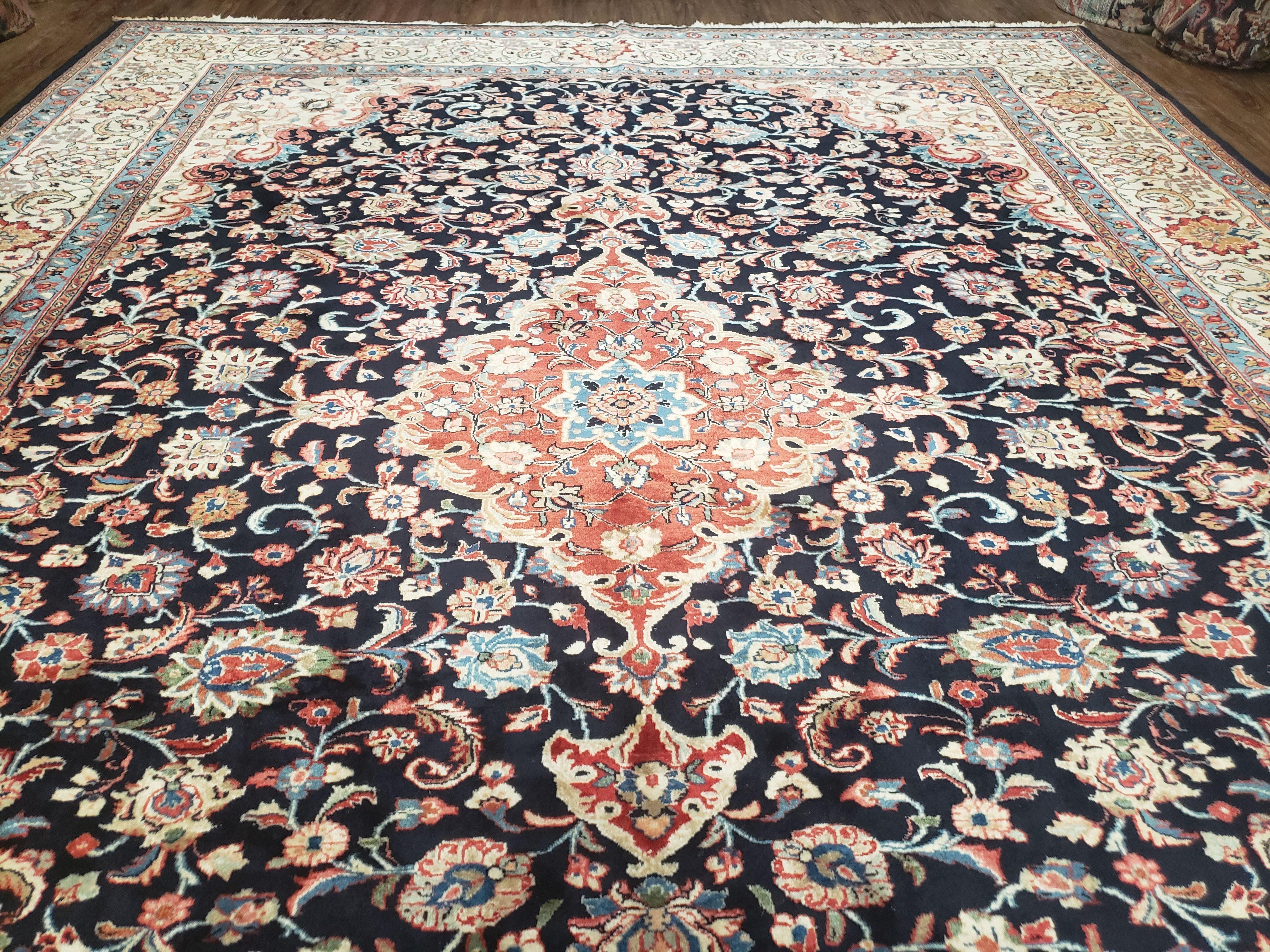 Semi Antique Persian Sarouk Rug, Dark Blue - Red - Beige, Hand-Knotted, Wool, 8'9" x 11'7" - Jewel Rugs