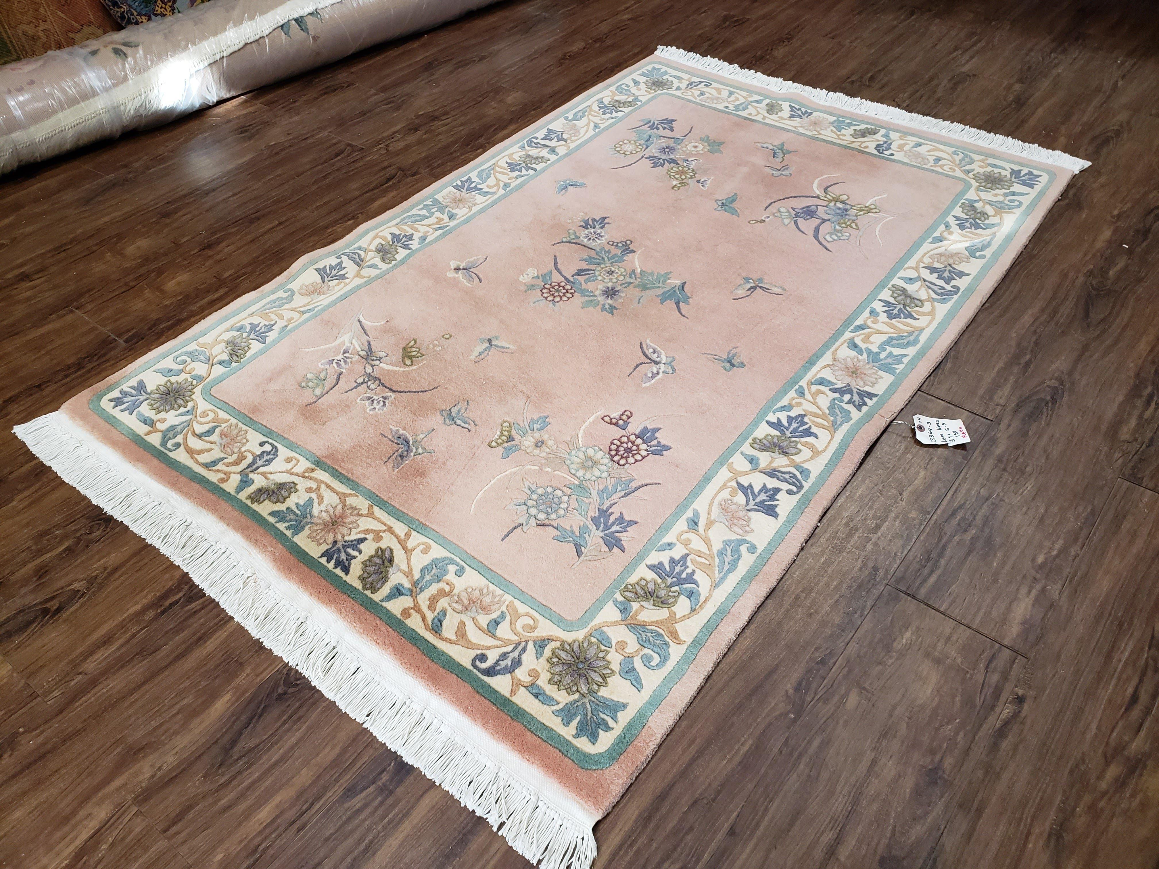 Chinese Carving Rug 3'9" x 5' 9", Vintage Handmade Art Deco Rug 90 Line Carpet, 4x6, Pink Cream Teal, Flowers Butterflies, Pretty, Soft Pile - Jewel Rugs