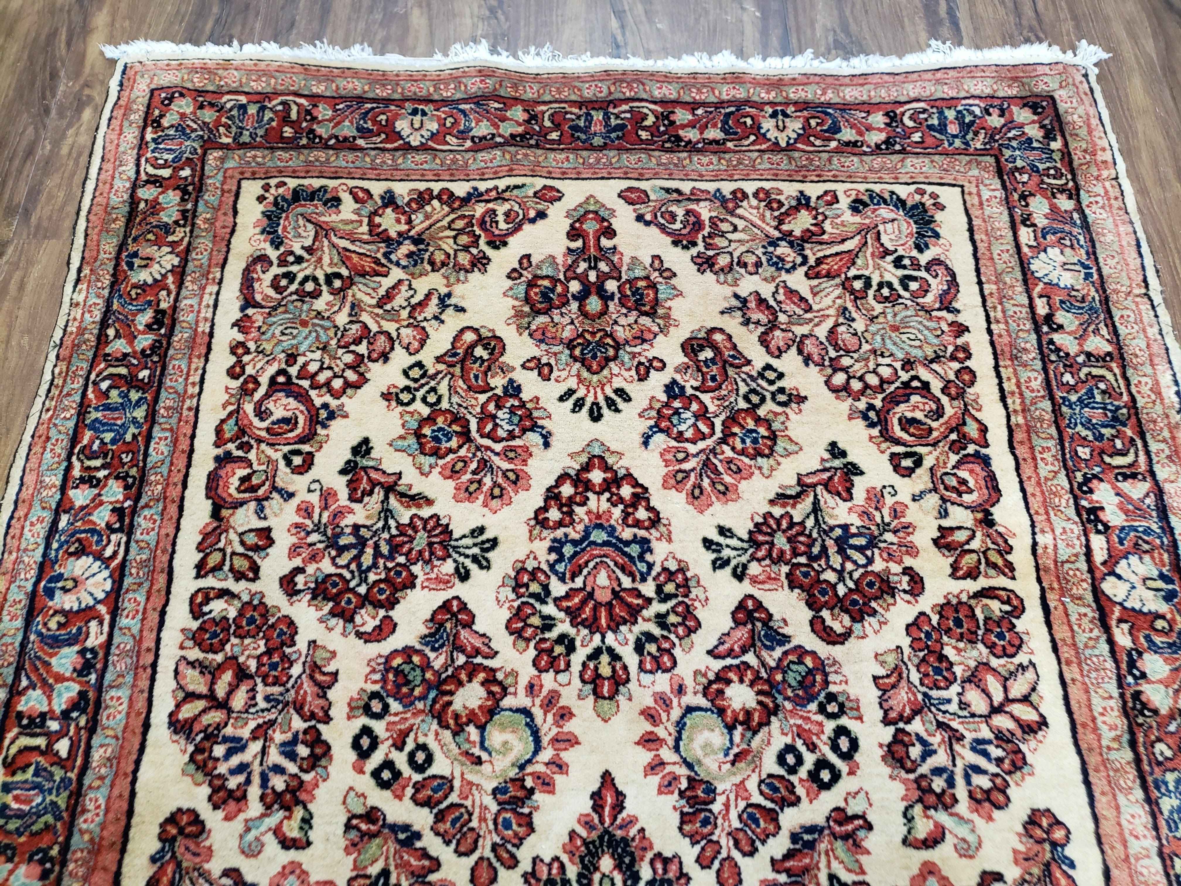 Vintage Persian Sarouk Rug, Wool, Hand-Knotted, Ivory, 3' 3" x 6' 5" - Jewel Rugs