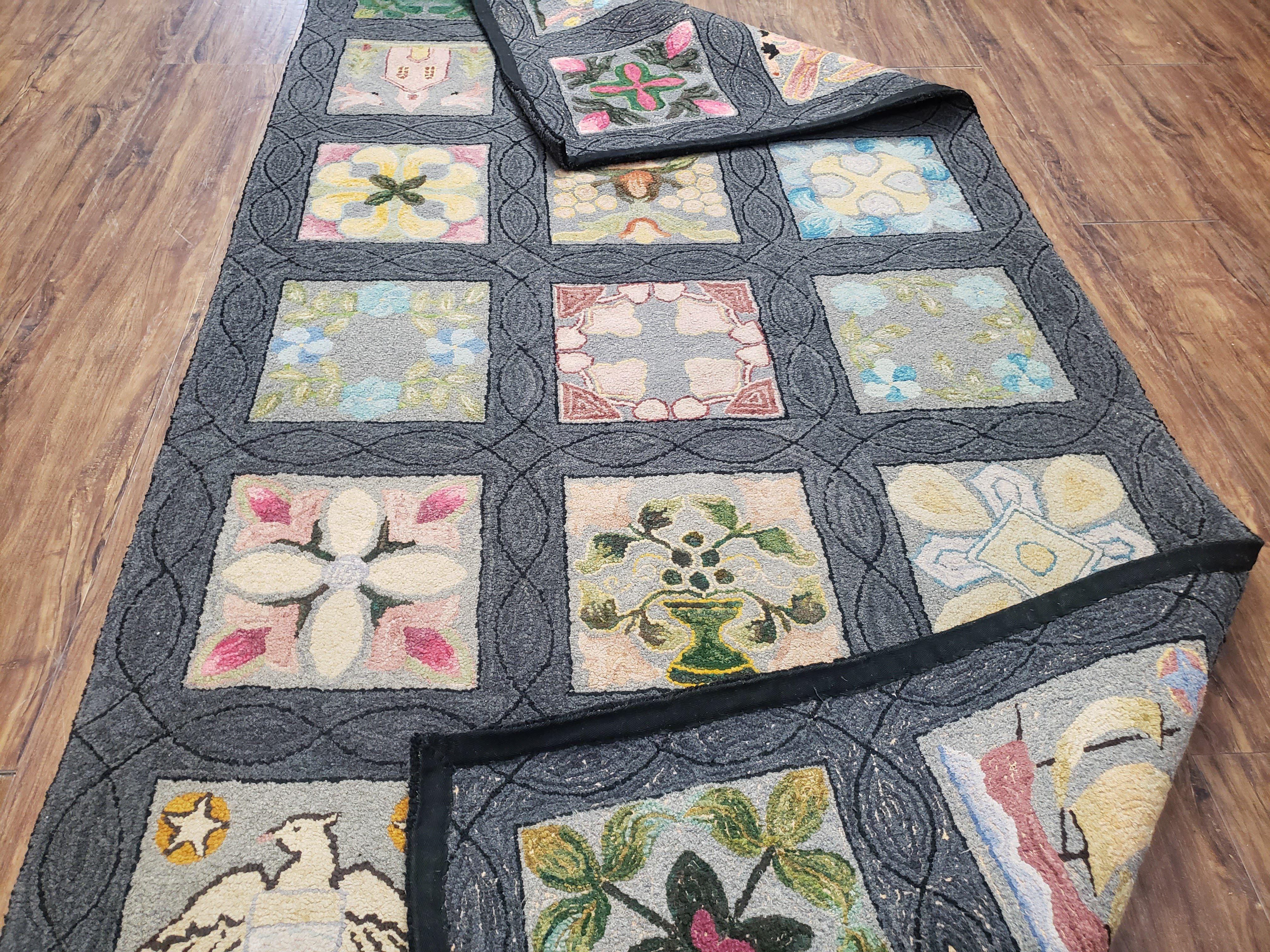 American Hooked Rug 3' 6" x 7' 9", Panel Design, Flowers, Vase, Butterfly, Bird, Handmade Hooked Carpet, Vintage Hand Hooked Runner Rug - Jewel Rugs