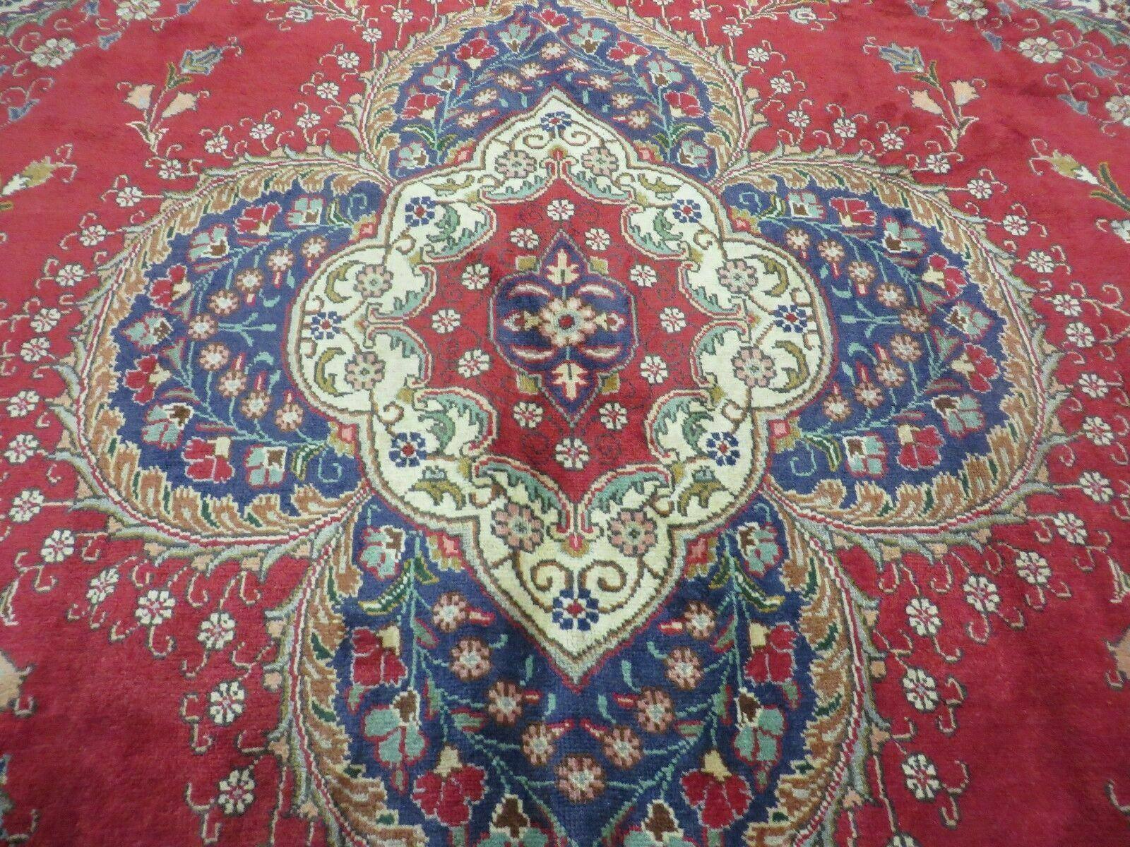 Persian Tabriz Rug 9x13 - Red Blue and Cream Rug - Floral Medallion Rug - Semi Open Field - Hand Knotted Rug - Antique Rug 9 x 13 Vintage Wool Rug - Jewel Rugs