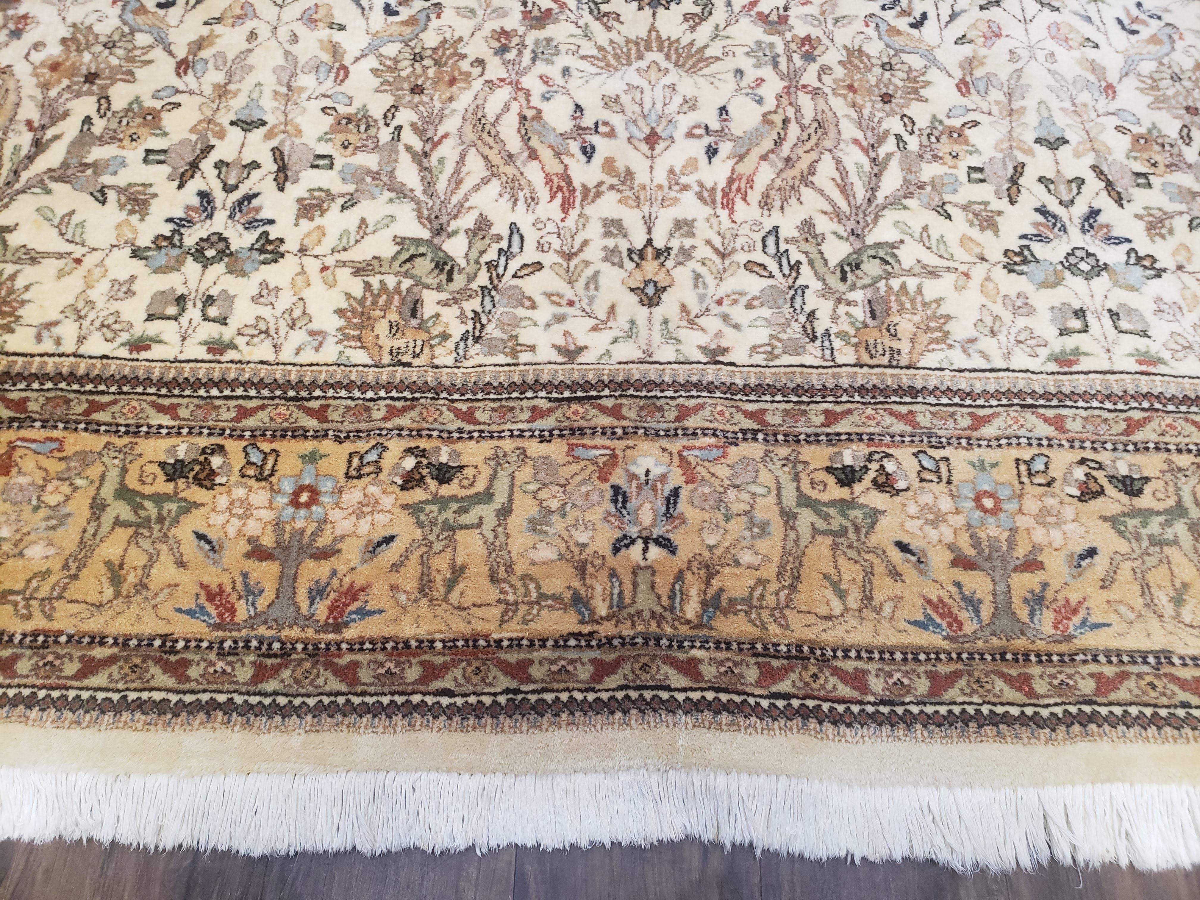 Semi Antique Persian Tabatabaie Tabriz Rug, Animal Pictorials, Ivory & Gold, Hand-Knotted, Wool, 7' 10" x 10' 6" - Jewel Rugs