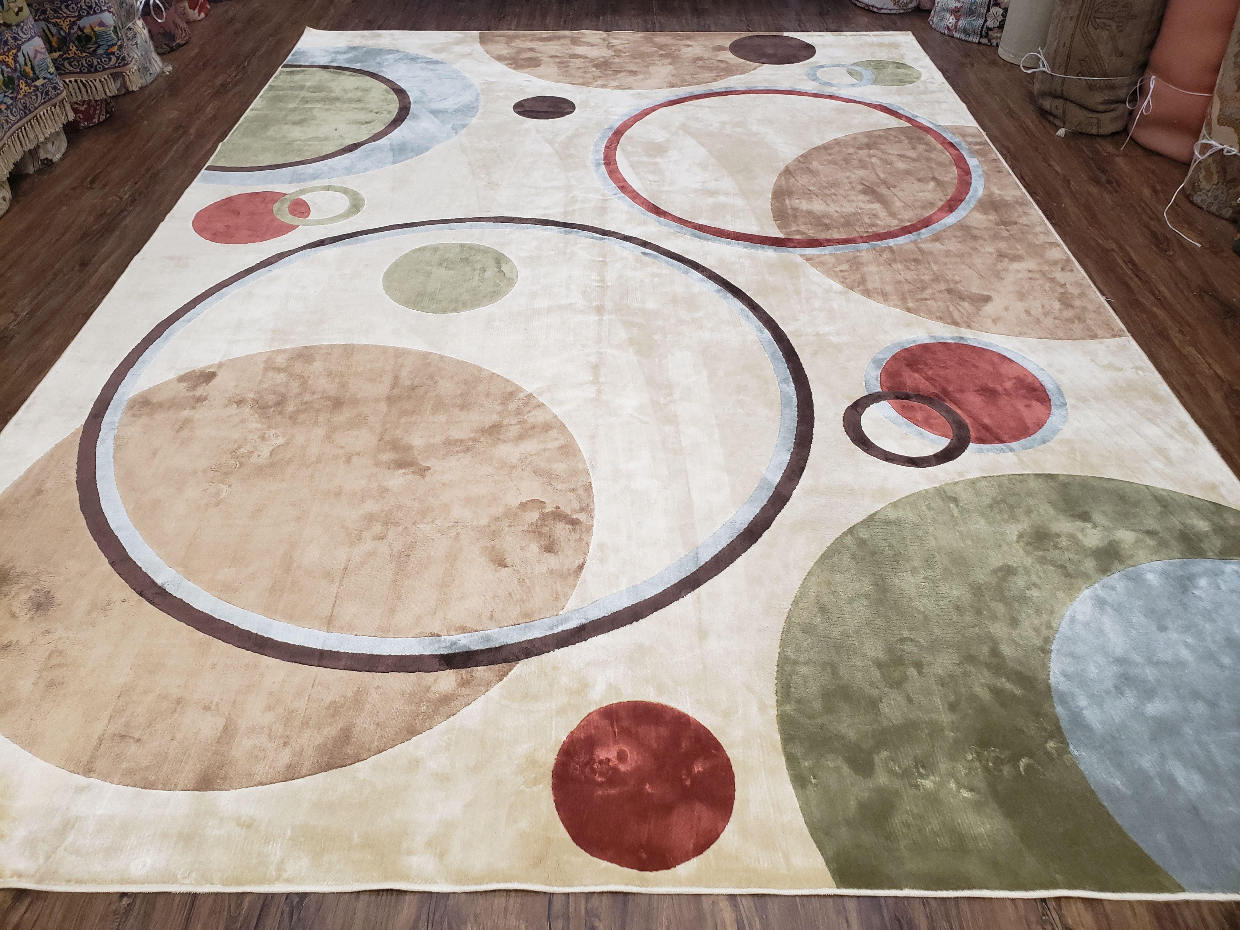 8x11 Modern Rug, 8 x 11 Abstract Area Rug, Circles, Cream, Tan, Art Silk, Soft Carpet - Jewel Rugs