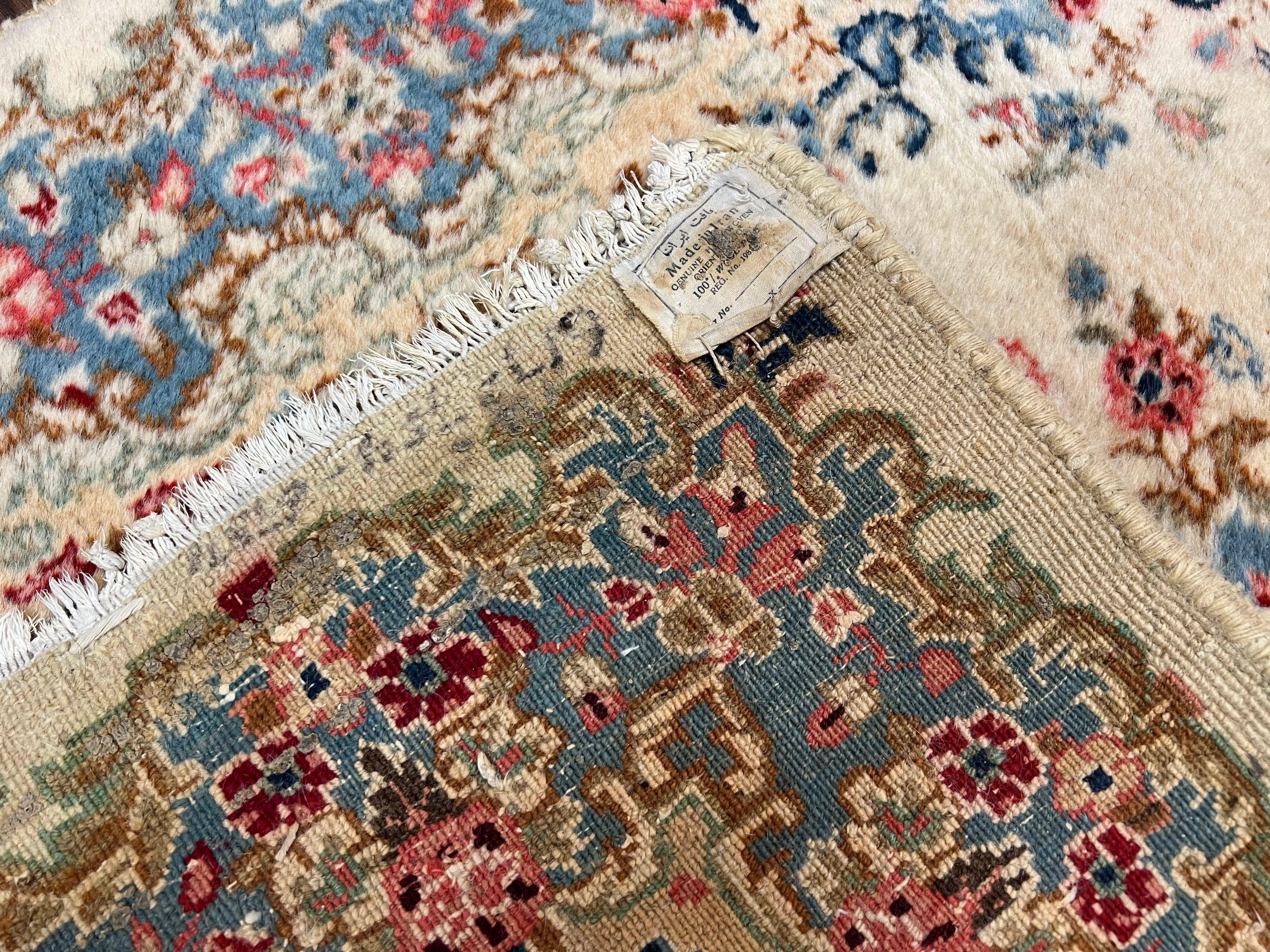 Persian Kirman Rug 4x7, Semi Antique 1950s Wool Oriental Carpet, Cream Light Blue Salmon Pink, Floral Medallion Semi Open Field Hand Knotted - Jewel Rugs