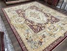 Aubusson Savonnerie Rug 9x12, Vintage French Aubusson Wool Carpet 9 x 12, Burgundy Light Blue Gold, Handmade with Pile Elegant Floral Rug - Jewel Rugs