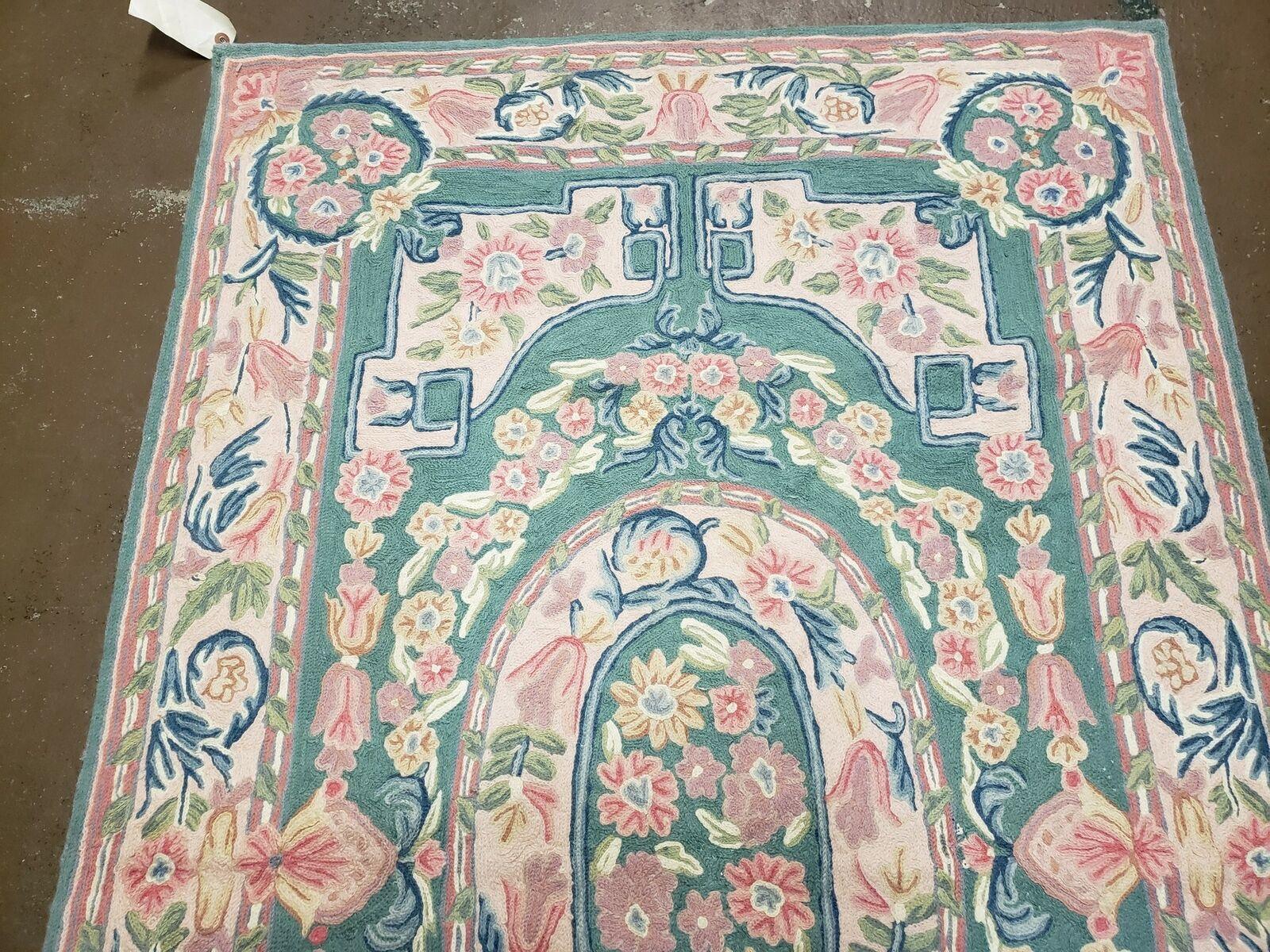 3' X 5' Hand Stitched Indian Wool Rug with Backing Green & Pink - Jewel Rugs