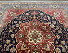 Indo Persian Square Rug 8x8, Vintage Indian Heriz Oriental Carpet, Large Floral Medallion, Red and Navy Blue, Hand-Knotted Square Shaped Rug - Jewel Rugs