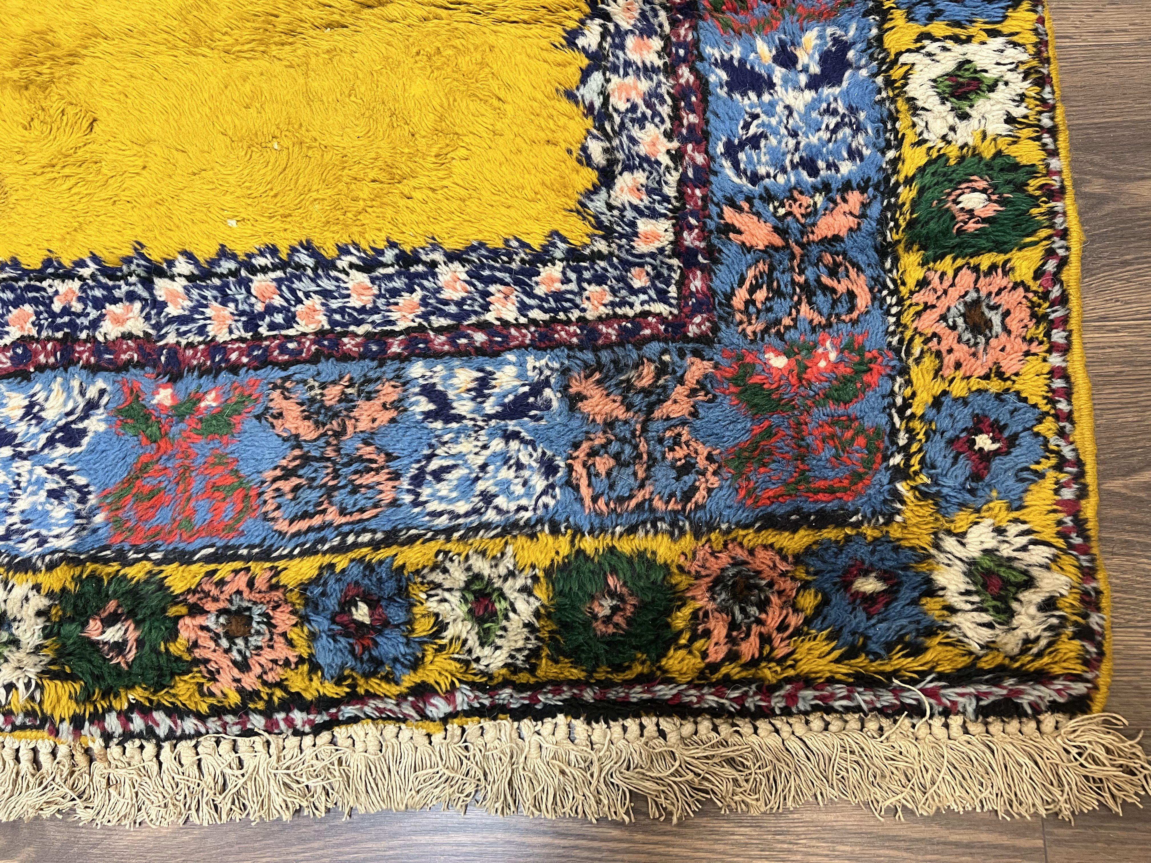 Bright Moroccan Rug 5x6, Rabat Rug 5 x 6, Mustard Yellow and Blue, Open Field and Medallion, Soft Wool Oriental Carpet, Handmade Vintage Rug - Jewel Rugs