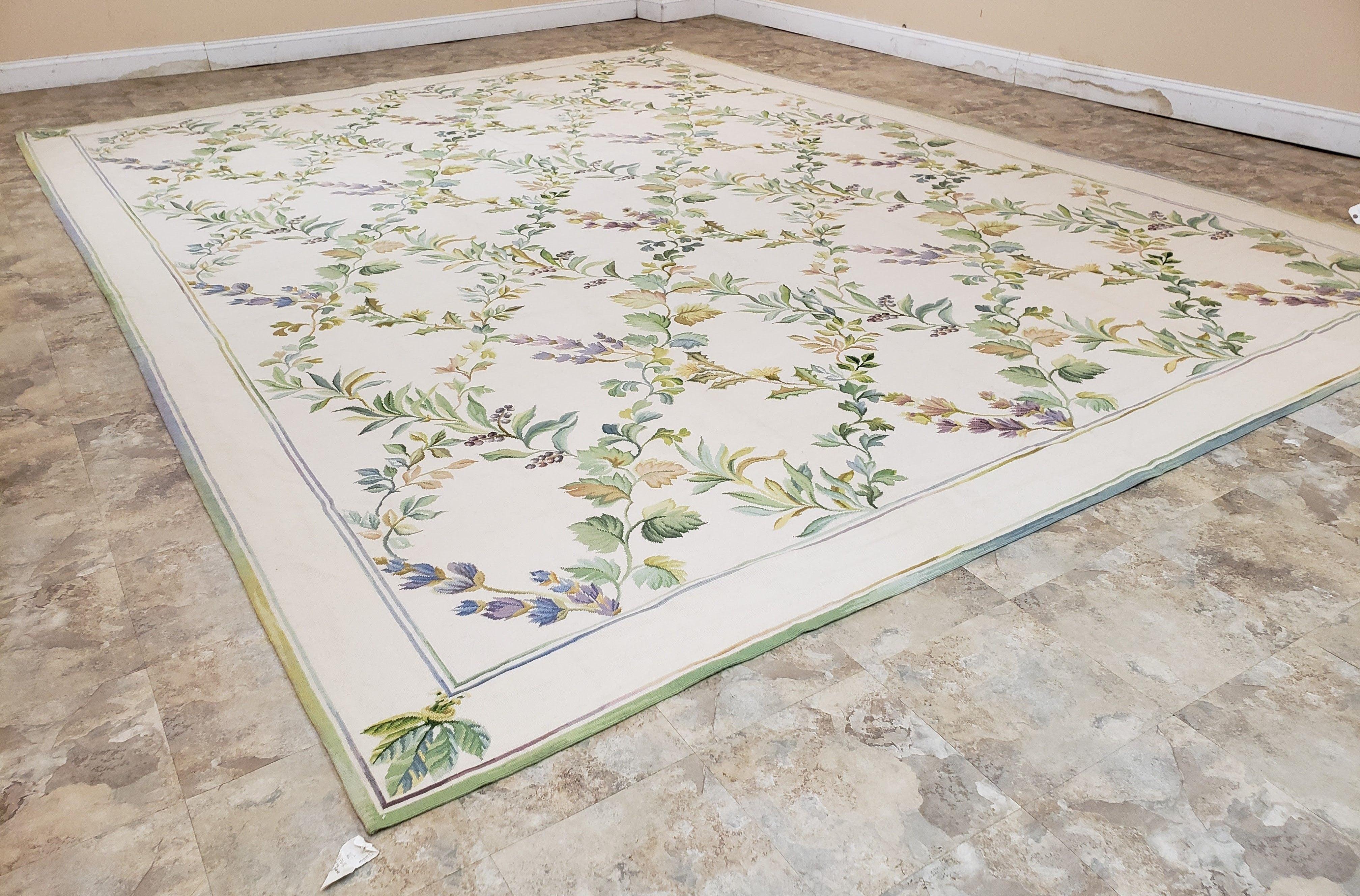 New Needlepoint Rug, 10x14 Needlepoint Carpet, 10 x 14 Flatweave Rug, Floral, Leaves and Grape Vines, Large Rug, Ivory, Room Sized, No Pile - Jewel Rugs