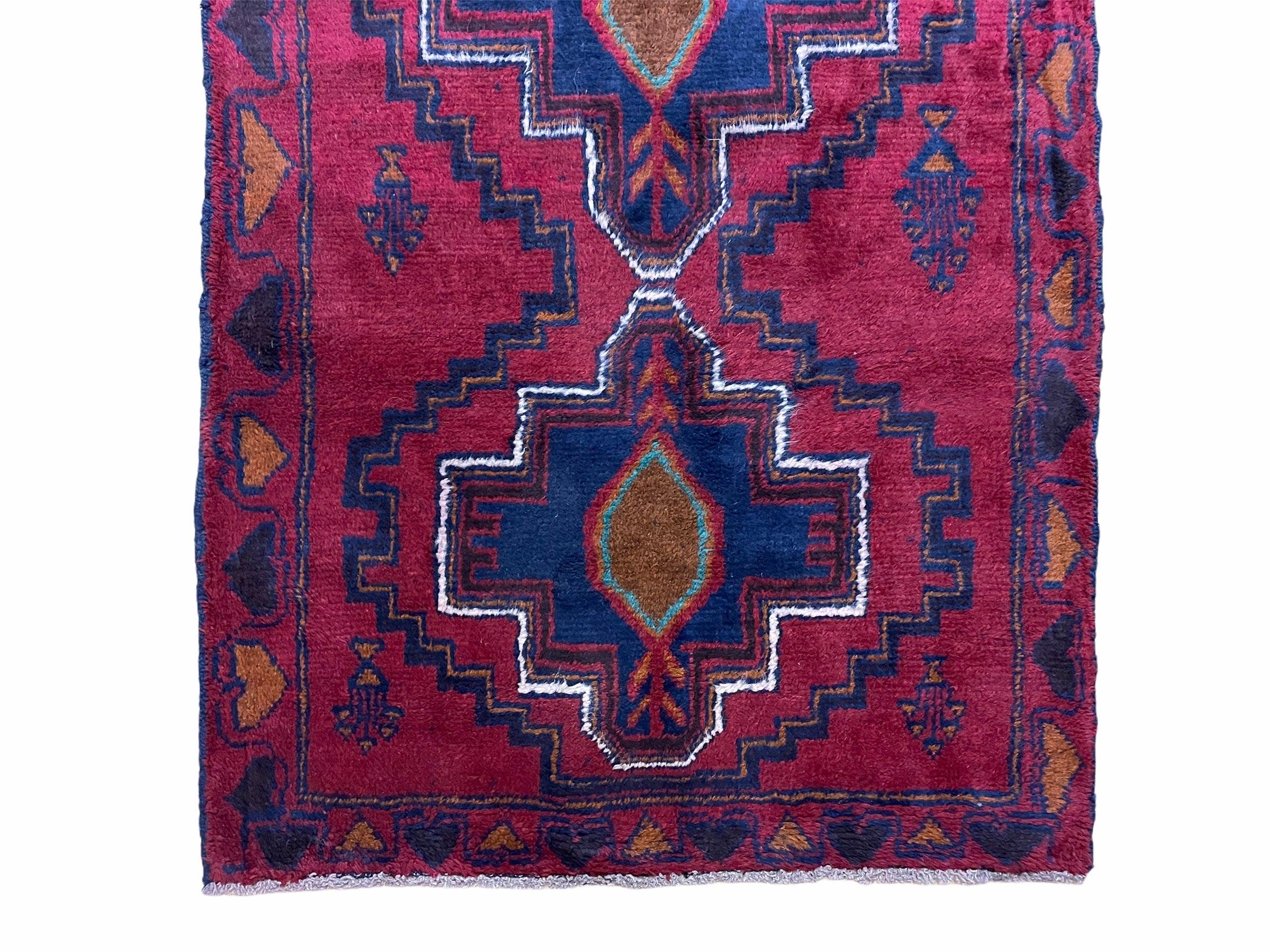 3X5 Vintage Handmade Tribal Wool Rug Balouchi Rug Afghan Blue Red 2' 11" X 4' 7" - Jewel Rugs