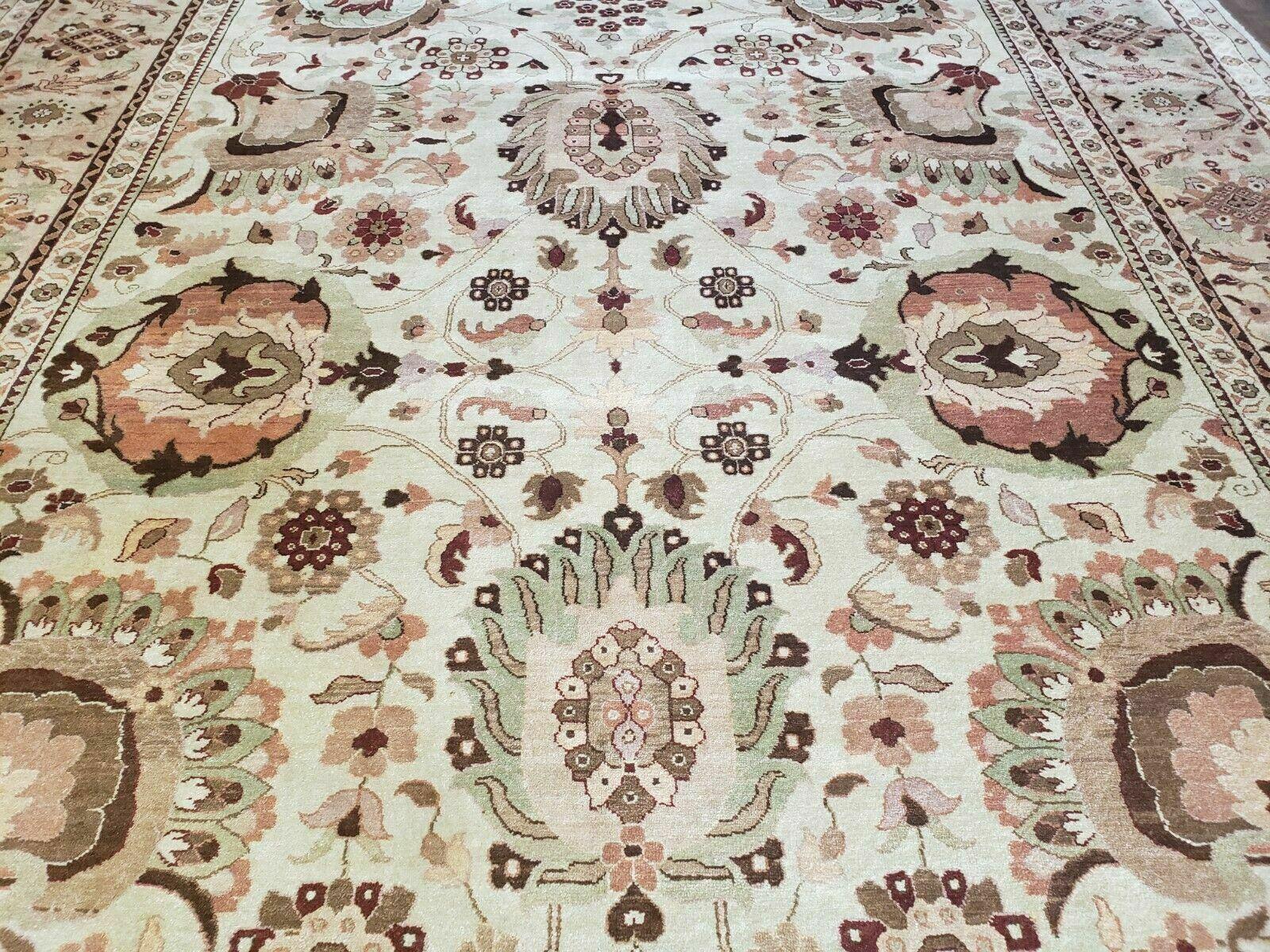 9' X 12' Handmade Indian Floral Wool Rug Hand Knotted Carpet Tea Washed Beige - Jewel Rugs