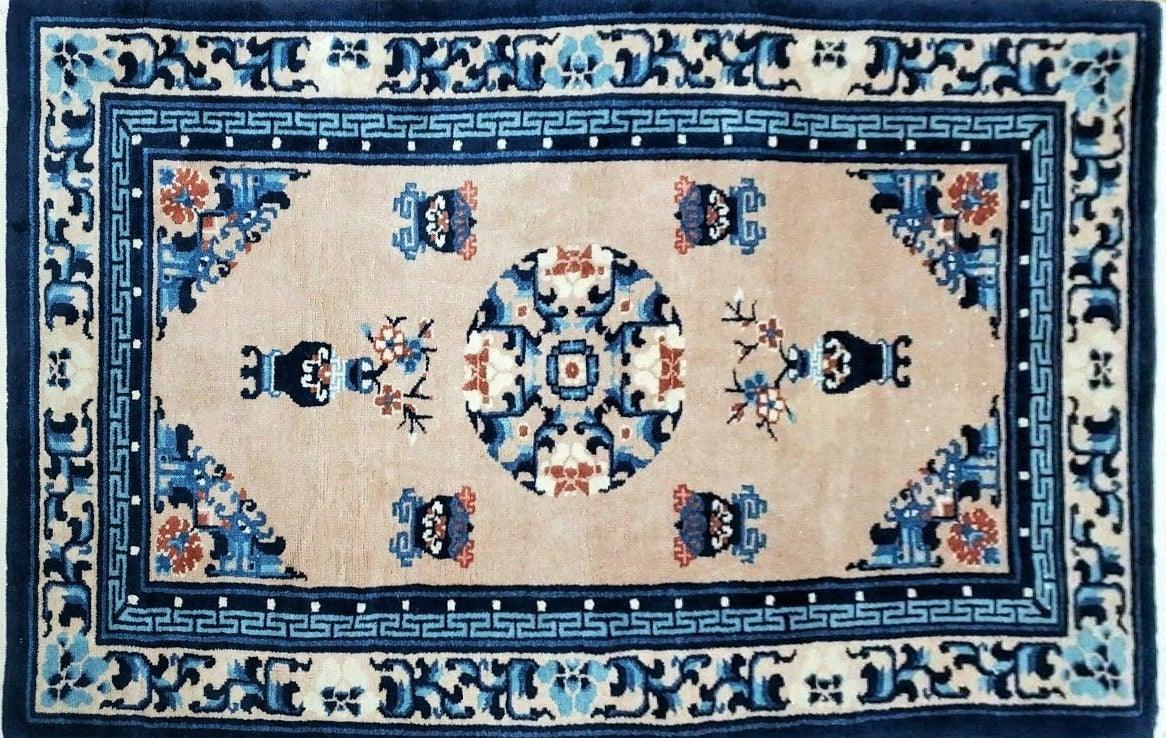 3' X 5' 8" Handmade Art Deco Chinese Wool Rug Peking Blue and Beige Carpet - Jewel Rugs