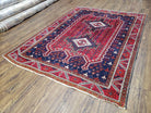 Antique Persian Shiraz Tribal Rug, Afshar Design, Double Medallion, Hand-Knotted, Red and Navy Blue, Wool, 5' 1" x 6' 8" - Jewel Rugs