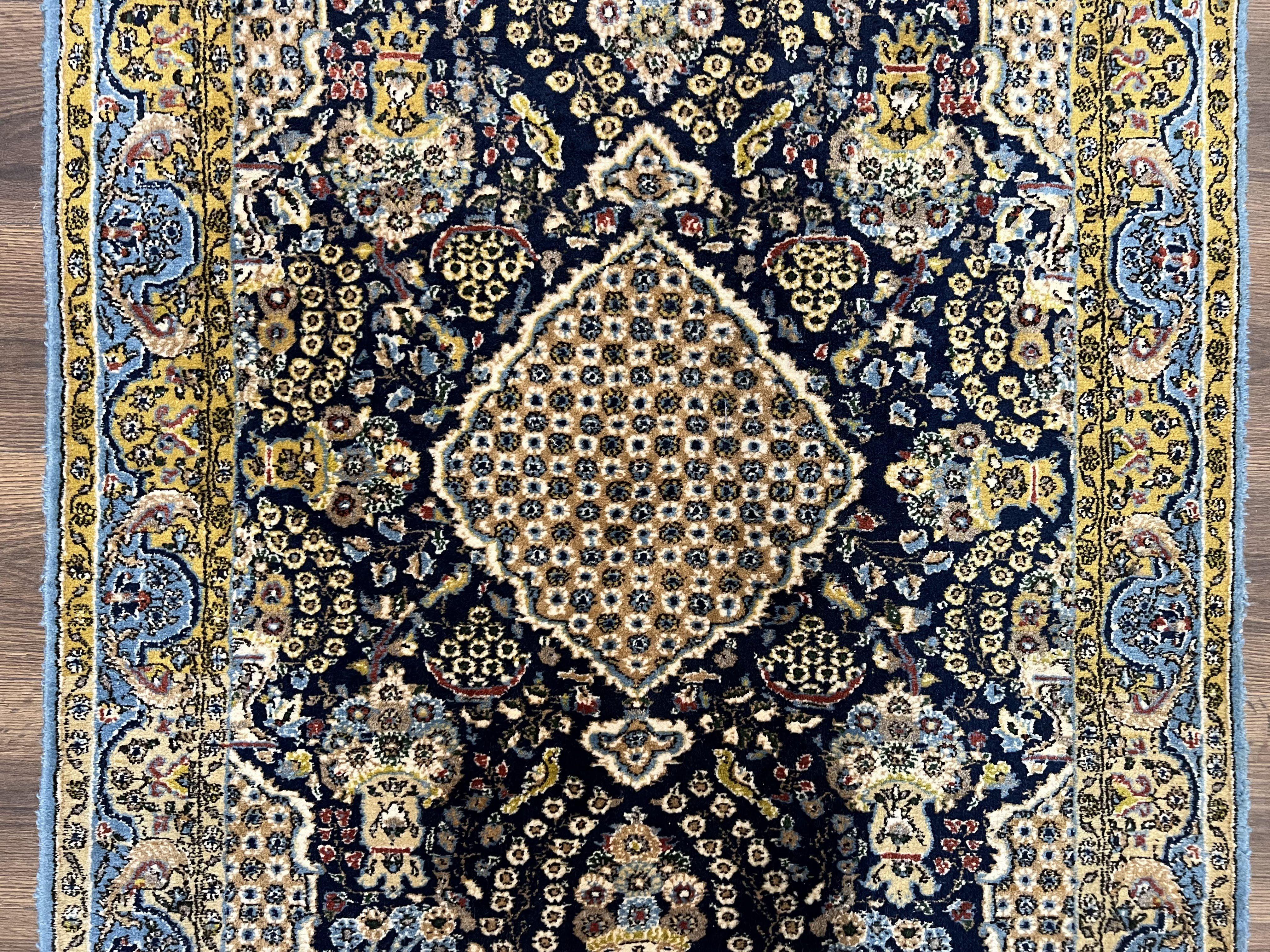 Fine Persian Qum Rug 3x5, Semi Antique Vintage Oriental Ghom Carpet, Floral Medallion, Highly Detailed, Hand Knotted, Navy Blue, Wool Area Rug, Birds - Jewel Rugs