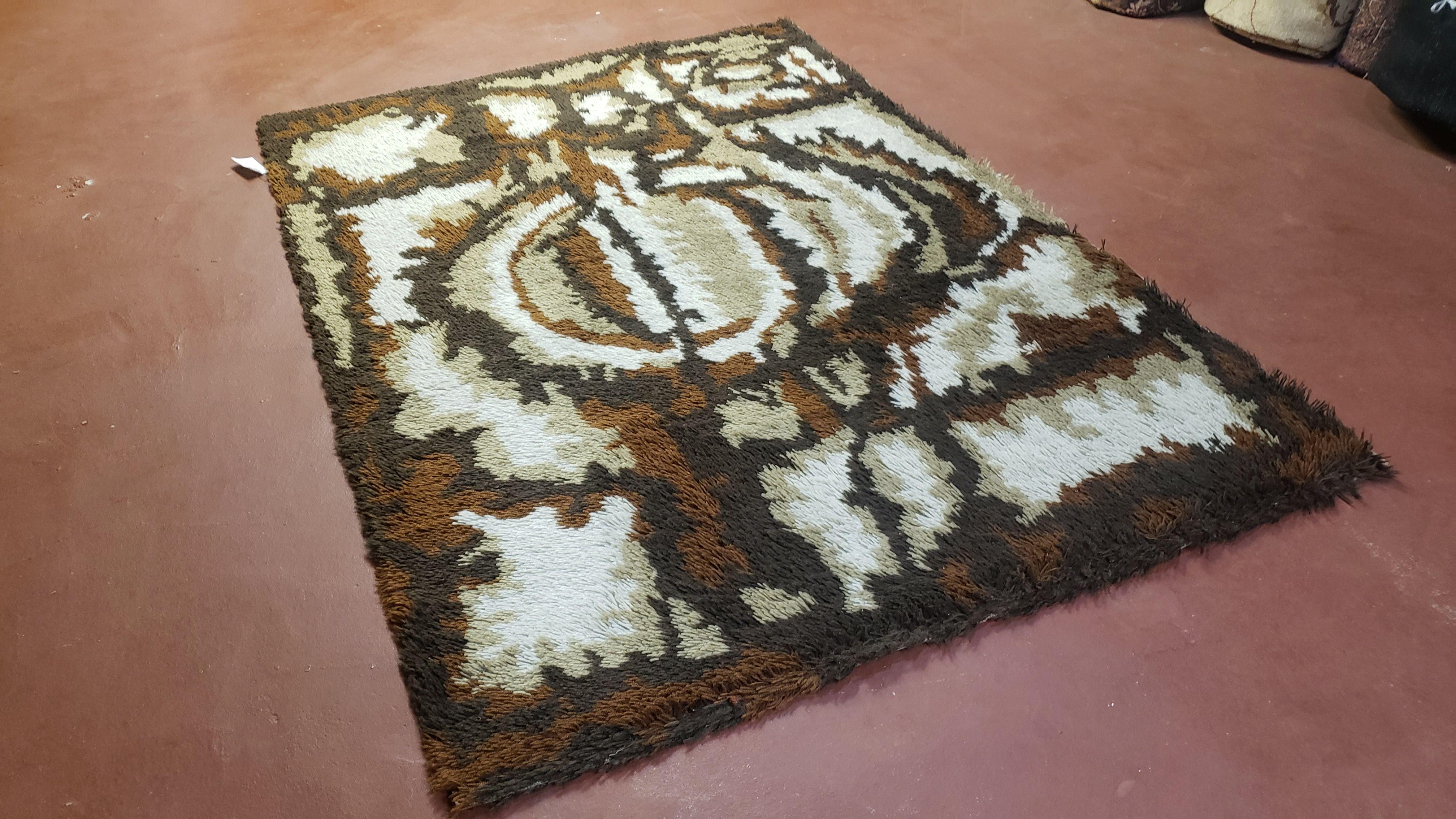 4.7 x 6.7 Rya Rug Danish Mid-Century Shag Rug Modern Abstract 1960s Carpet Brown Cream Tan Beige Area Rug 4x7 5x7 4x6 5x6 - Jewel Rugs