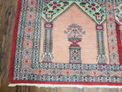 Vintage Turkish Triple Mehrab Area Rug 2.7 x 6.6, Wool Hand-Knotted Horizontal Carpet, Fine Weave, Red Peach Ivory, Nice - Jewel Rugs