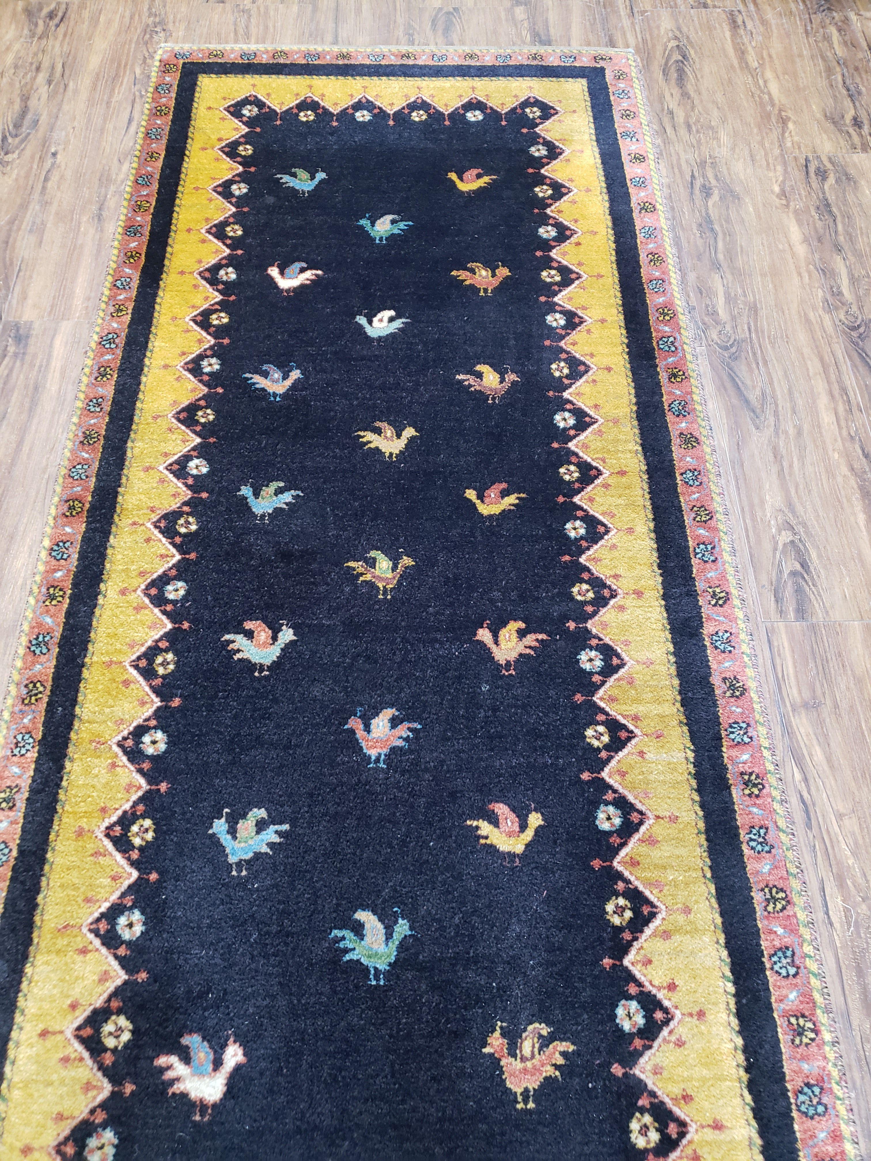 2' 4" X 9' 9" Handmade India Oriental Wool Runner Rug Birds Navy Blue Yellow - Jewel Rugs