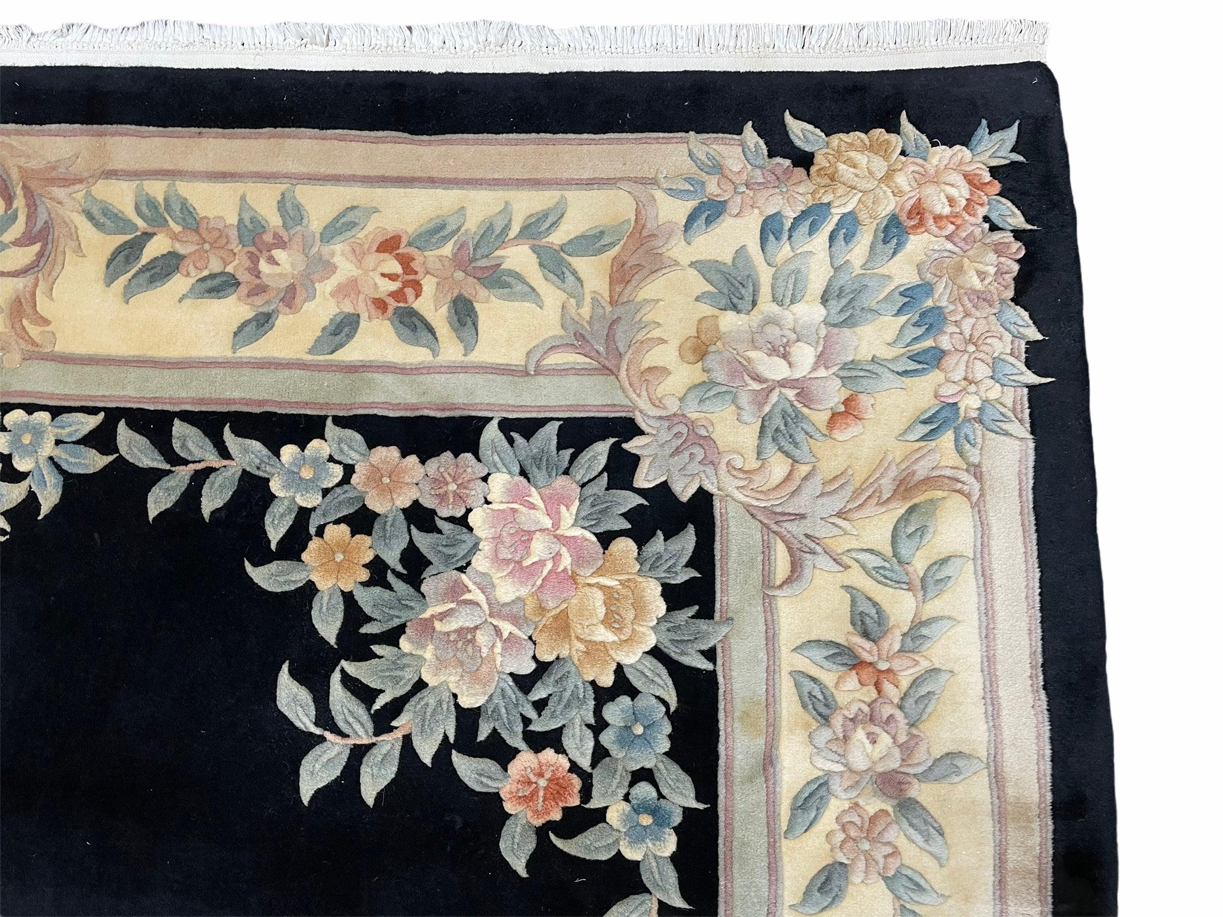 9x12 Chinese Aubusson Rug, 9 x 12 Plush Chinese Rug, 12x9 Floral Chinese Rug, 90 Line Carpet, Art Deco Rug Peking Rug Vintage Wool Black Rug - Jewel Rugs