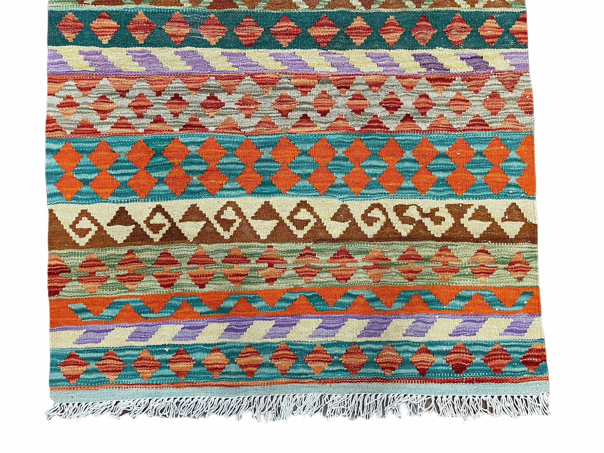 New 3x4 Kilim Rug Colorful Striped Kilim Rug Small Flatweave Multicolor Kilim 3 x 4 Small Kilim Wool Rug, Tribal Turkish Anatolian Kilim Rug - Jewel Rugs