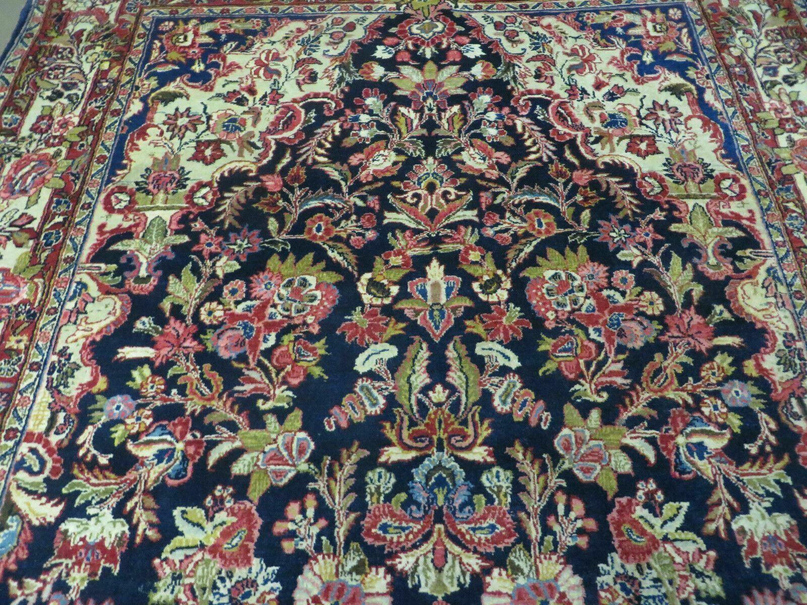 Persian Sarouk Rug 4x7, Hand Knotted Oriental Carpet 4 x 7 ft, Dark Blue Cream Red Floral Wool Rug, Semi Antique 1950s Persian Area Rug, Handmade - Jewel Rugs