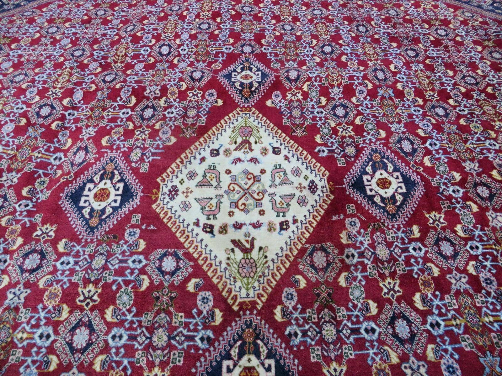 Oversized Persian Shiraz Tribal Rug 13x19, Palace Sized Oriental Carpet, Handmade Hand-Knotted X Large Rug, Red Blue Cream, Allover Herati Pattern - Jewel Rugs