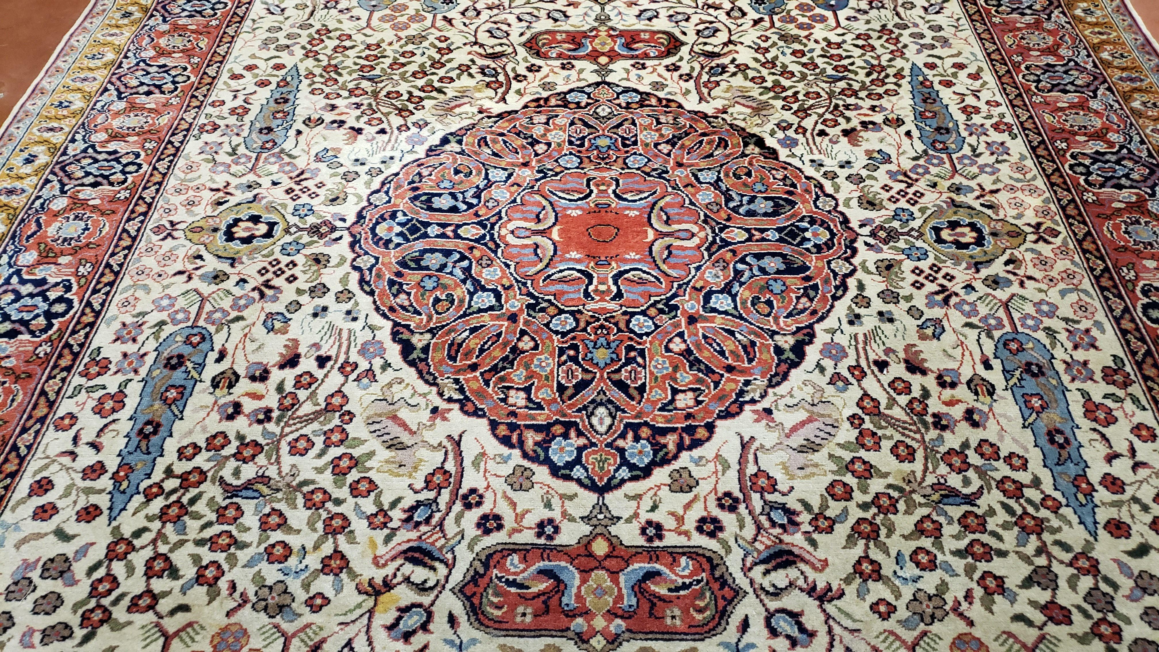 6' 6" x 10' Indian Floral Carpet Pine Tree of Life Highly Detailed Birds Animals Vintage Wool Beige Hand-Knotted Traditional Indo-Persian - Jewel Rugs