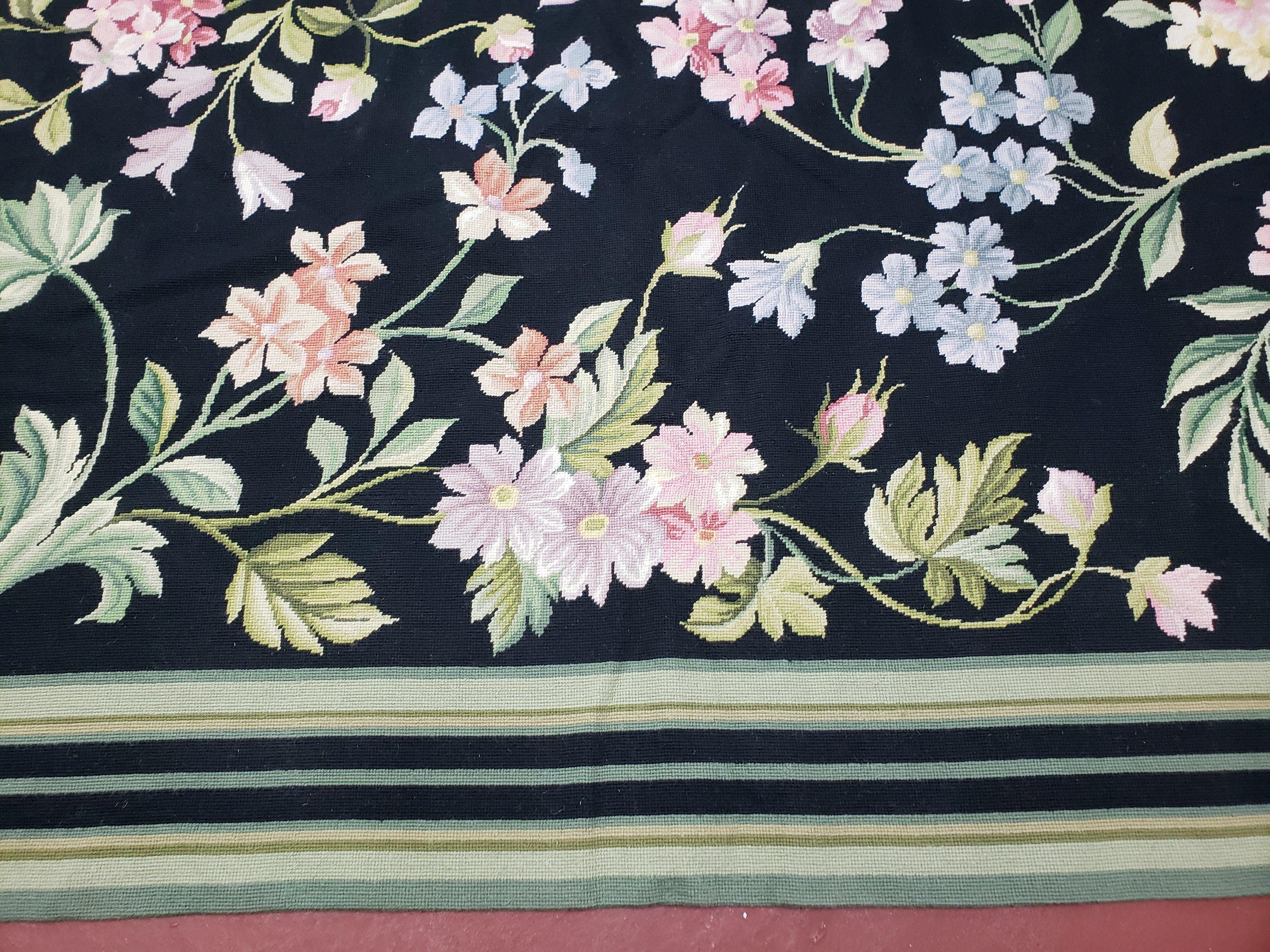 Large Needlepoint Rug, 10x14 Needlepoint, Black Rug, Allover Floral, New Needlepoint Rug, Flat Weave Rug 10 x 14, Chinese Aubusson Carpets - Jewel Rugs