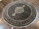 Round Oriental Rug 6.8 x 6.8 ft, Black and Beige Hand-Knotted Wool Indian Indo Persian Round Carpet, Herati Mahi Pattern, Vintage Round Rug - Jewel Rugs