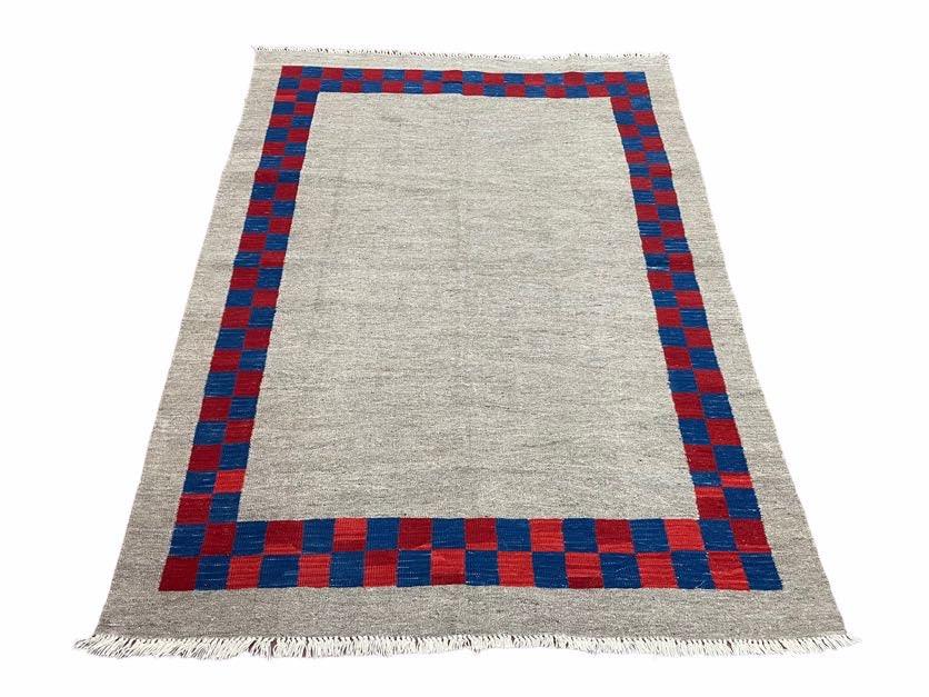 5' 7" x 7' 9" Geometric Kilim Carpet, Gray, Handmade, Hand-Knotted Area Rug, Blue & Red, Flatweave, Wool, New, Checkerboard Pattern - Jewel Rugs