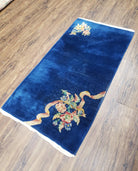 Antique Chinese Art Deco Accent Rug, Blue Art Deco Carpet, Small Chinese Rug, Flowers, Hand Knotted, Pair B, 2x4 Rug, Wool Rug Vintage Asian - Jewel Rugs