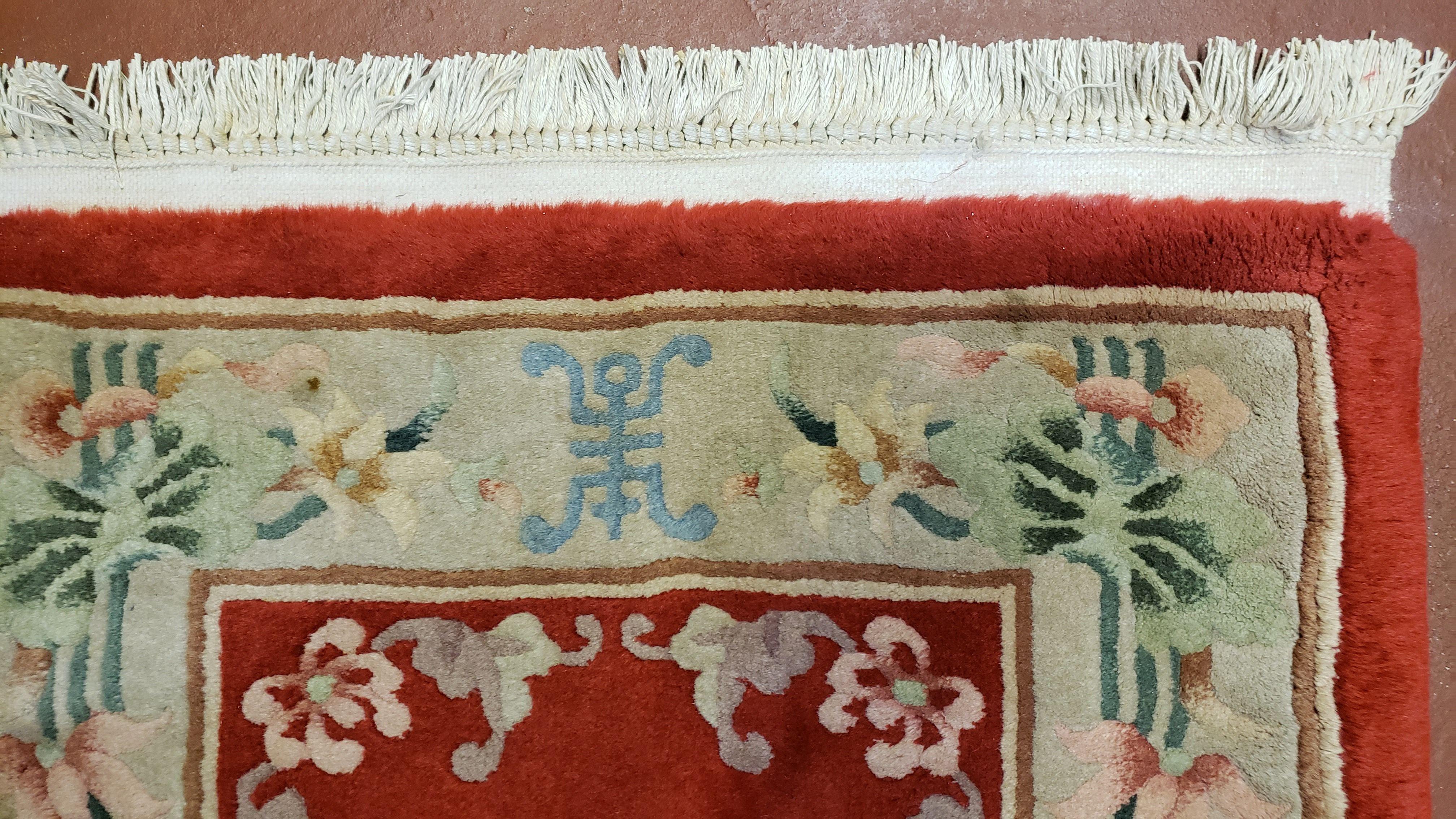 Vintage Chinese Rug, Small Red & Beige Chinese Carpet, Flowers Rug, Hand Knotted Wool Accent Rug, 2' 4" x 4' 8", 2x4, 2x5 - Jewel Rugs