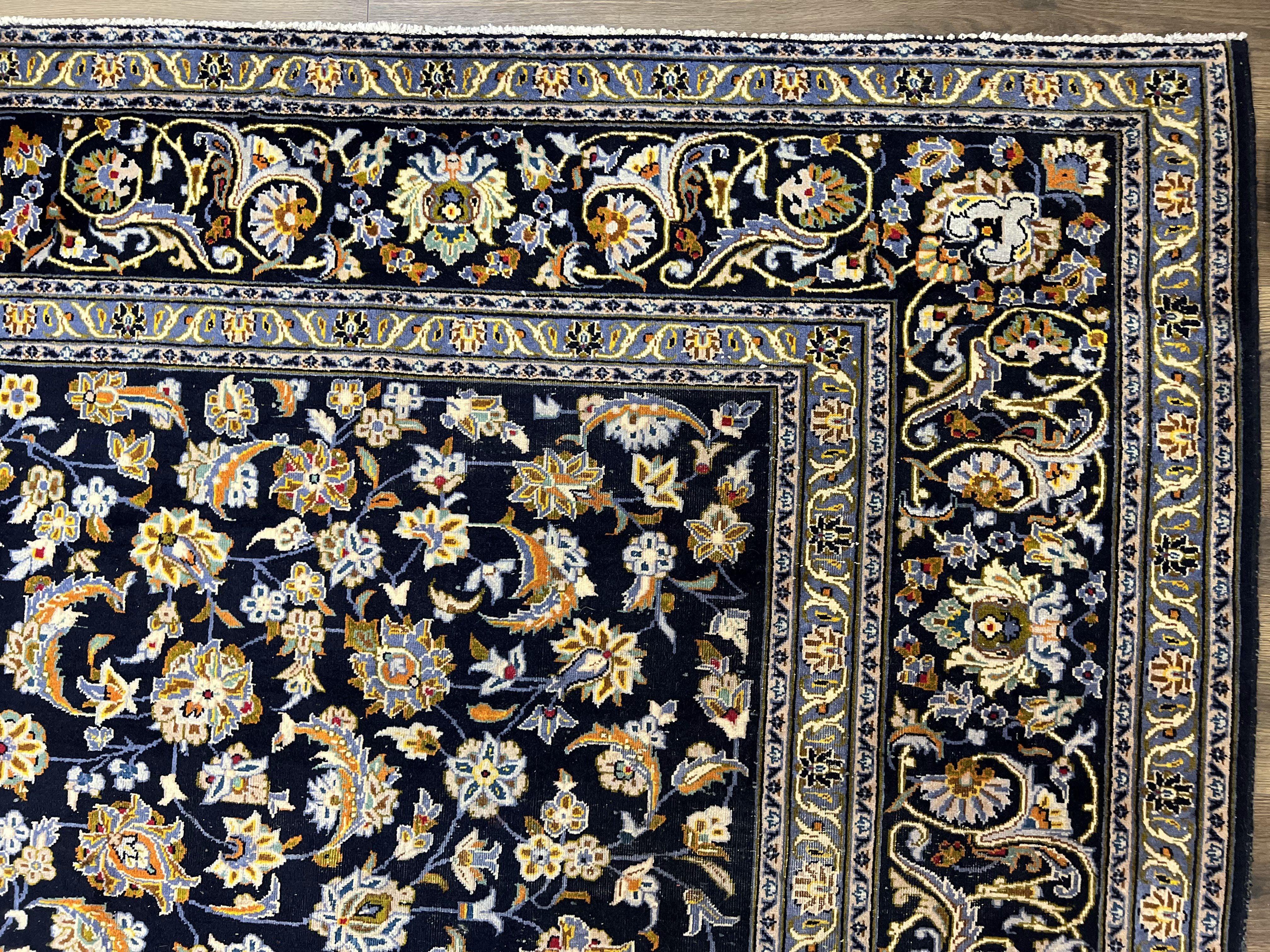 Wonderful Navy Blue Persian Kashan Rug 11x13, Allover Floral Design with Central Medallion, Wool Hand-Knotted Antique Carpet, Signed Rabani Rug - Jewel Rugs