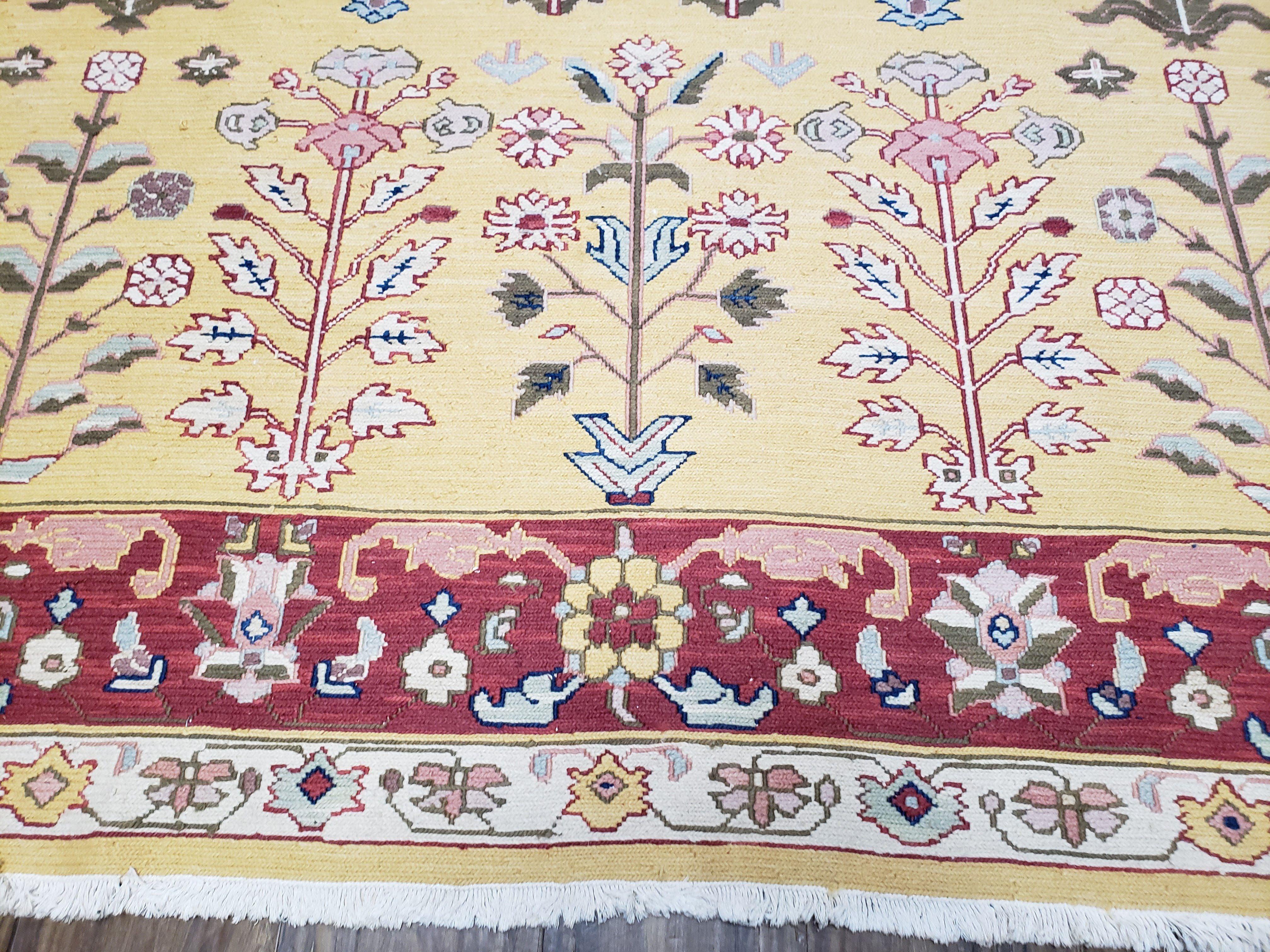 Vintage Indian Soumak Area Rug 9x12, Wool Hand-Woven Yellow Red Large Boho Carpet, Indian Bohemian Style Rug, 9 x 12 Rug - Jewel Rugs