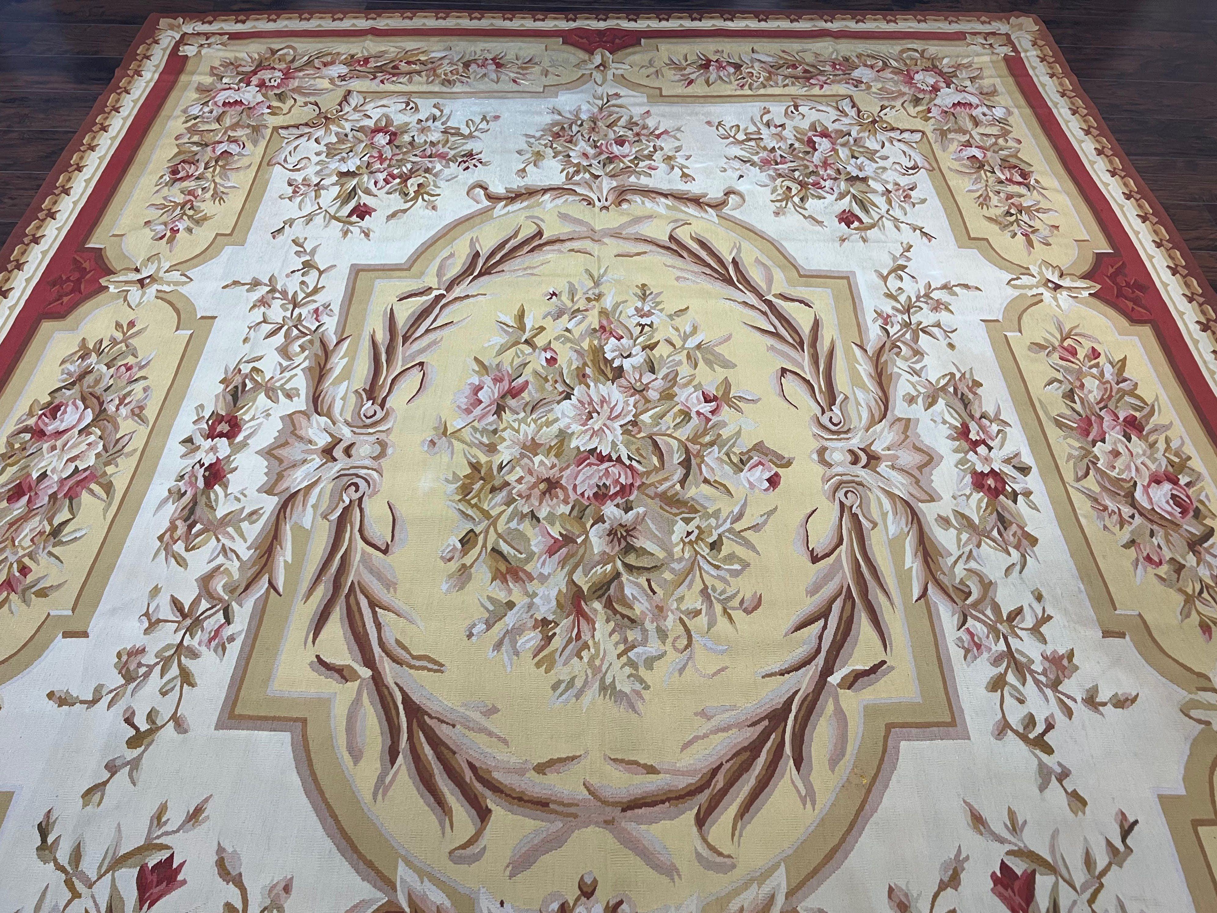 Aubusson Rug 9x12, Elegant Flatweave Savonnerie Carpet 9 x 12 ft, Ivory Light Yellow Red, Handmade Wool Flatweave French European Rug - Jewel Rugs